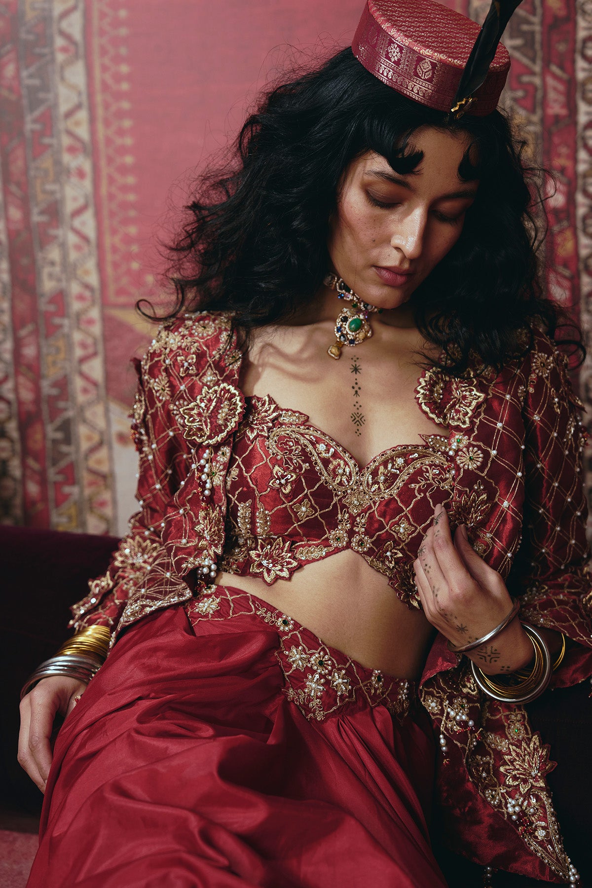 Maroon Drape Skirt, Jacket and Bustier Set