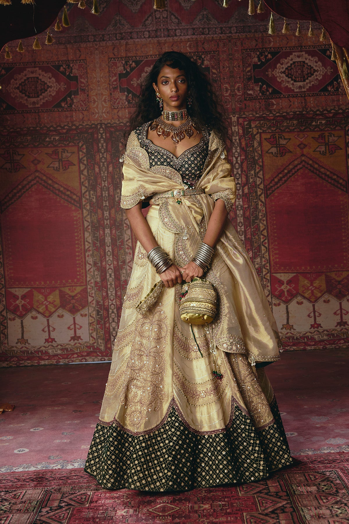 Gold and Dark Green Pure Tissue and Velvet Lehenga Set