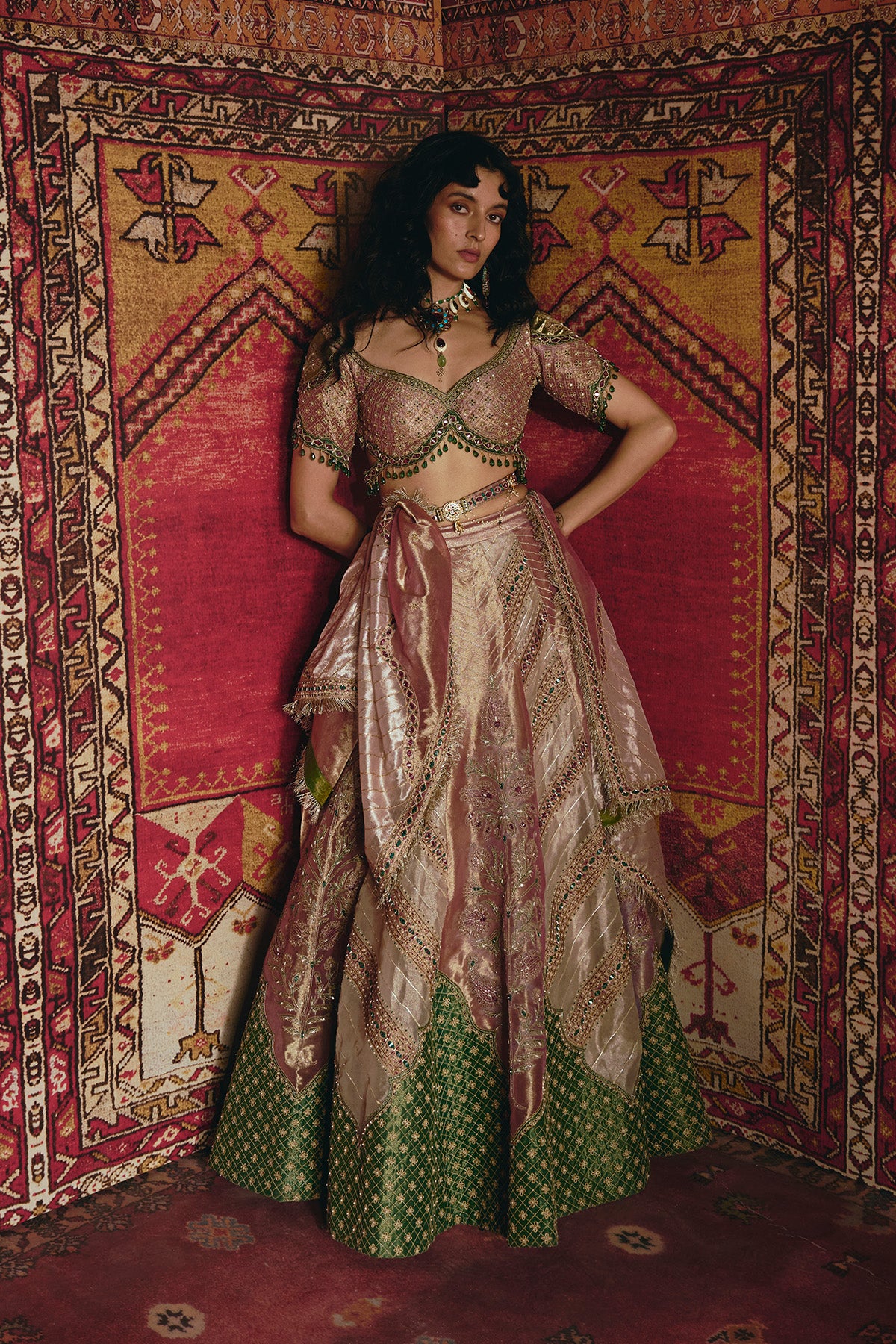 Pink and Rose Gold Pure Tissue with Green Banarsi Lehenga Set