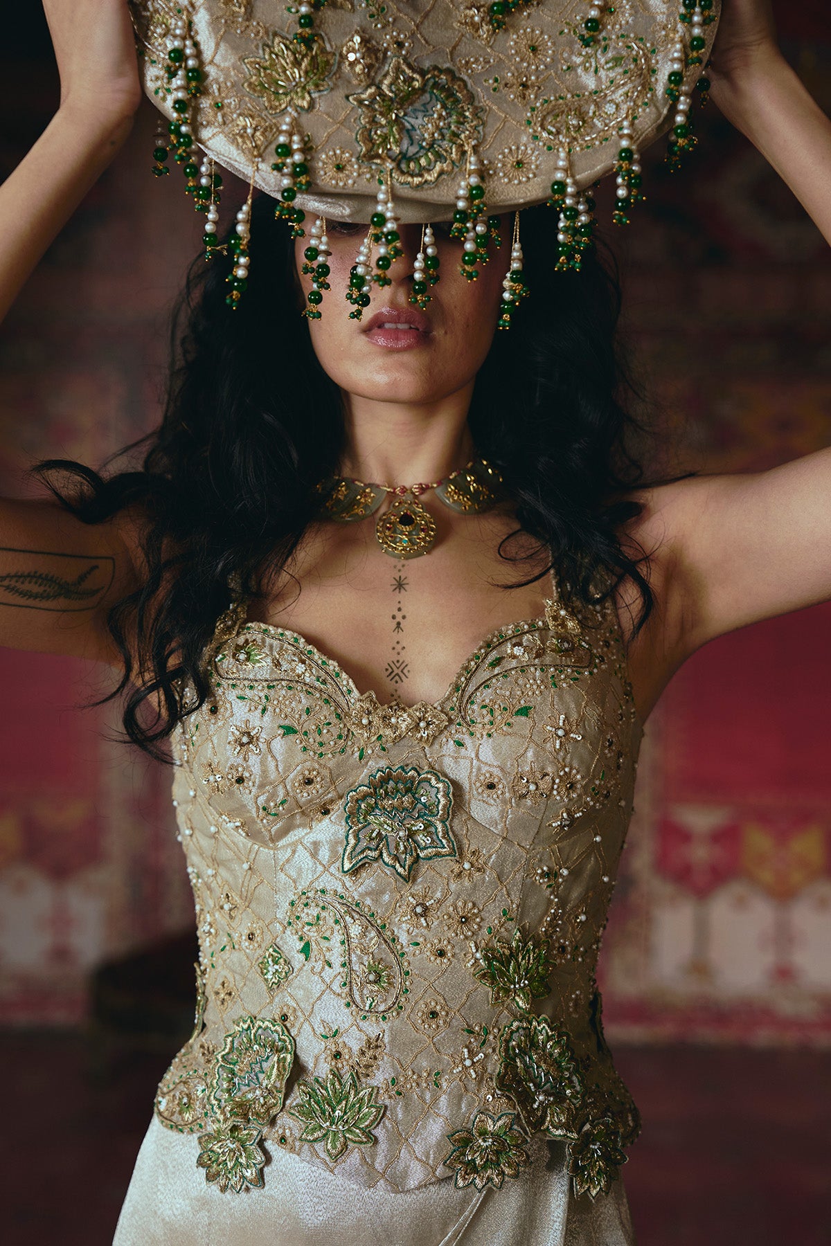 Pearl-Gold Draped Skirt and Corset Set