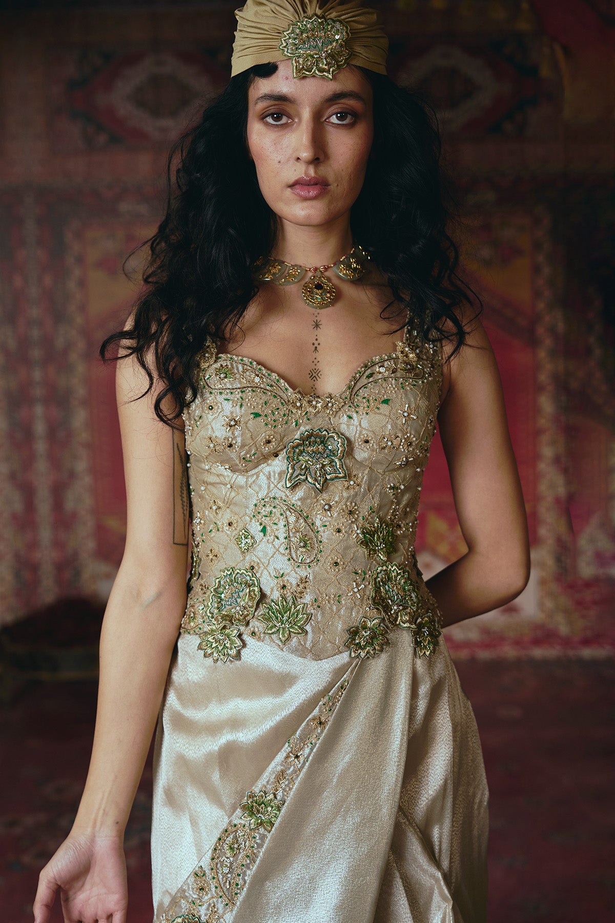 Pearl-Gold Draped Skirt and Corset Set