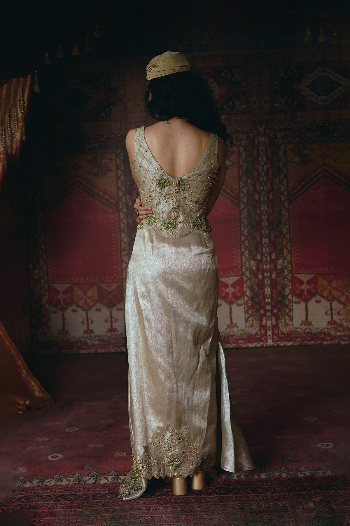 Pearl-Gold Draped Skirt and Corset Set