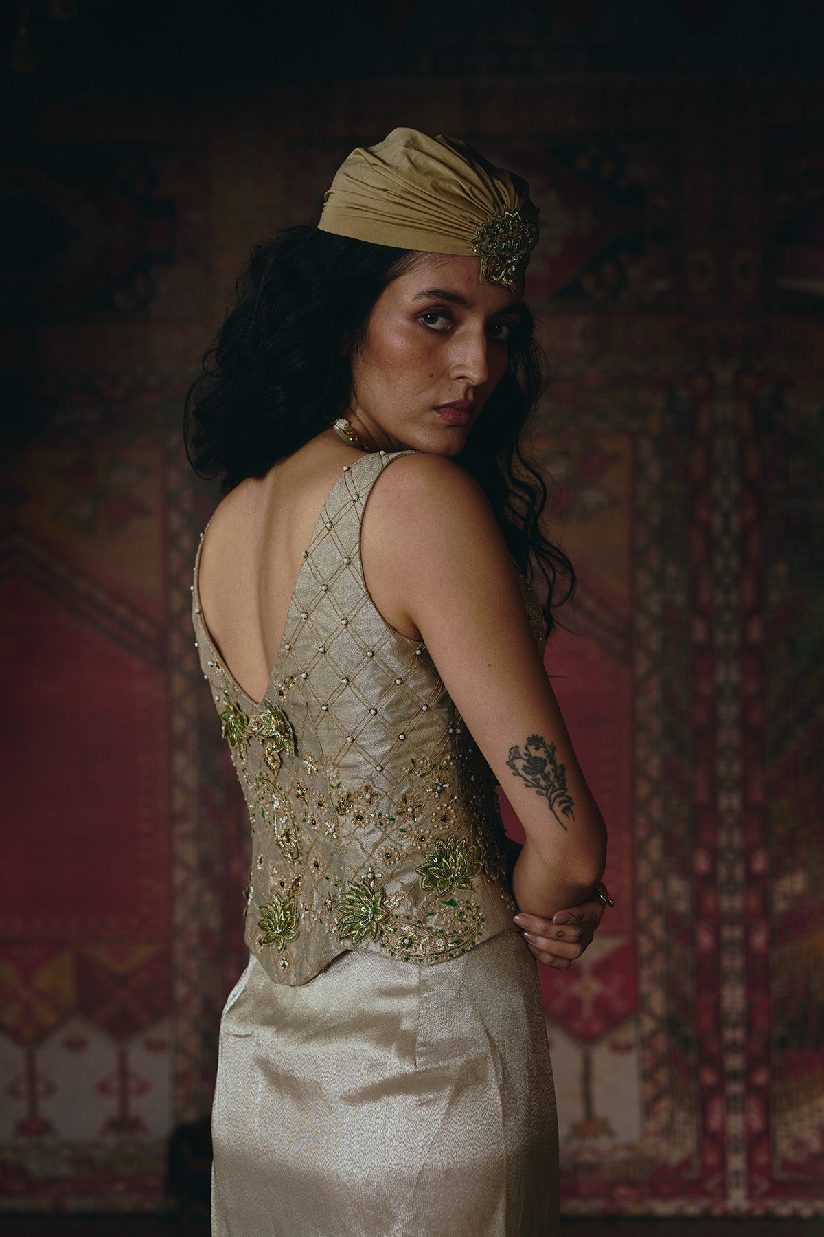 Pearl-Gold Draped Skirt and Corset Set