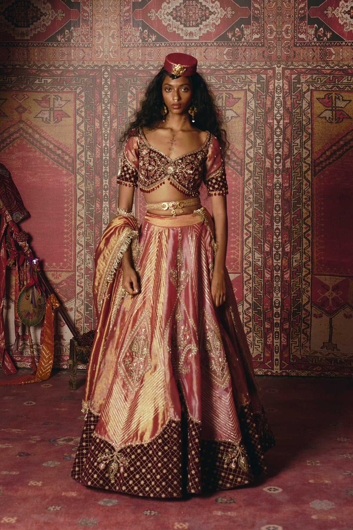 Blush Pink  Pure Tissue and Maroon Velvet Lehenga Set