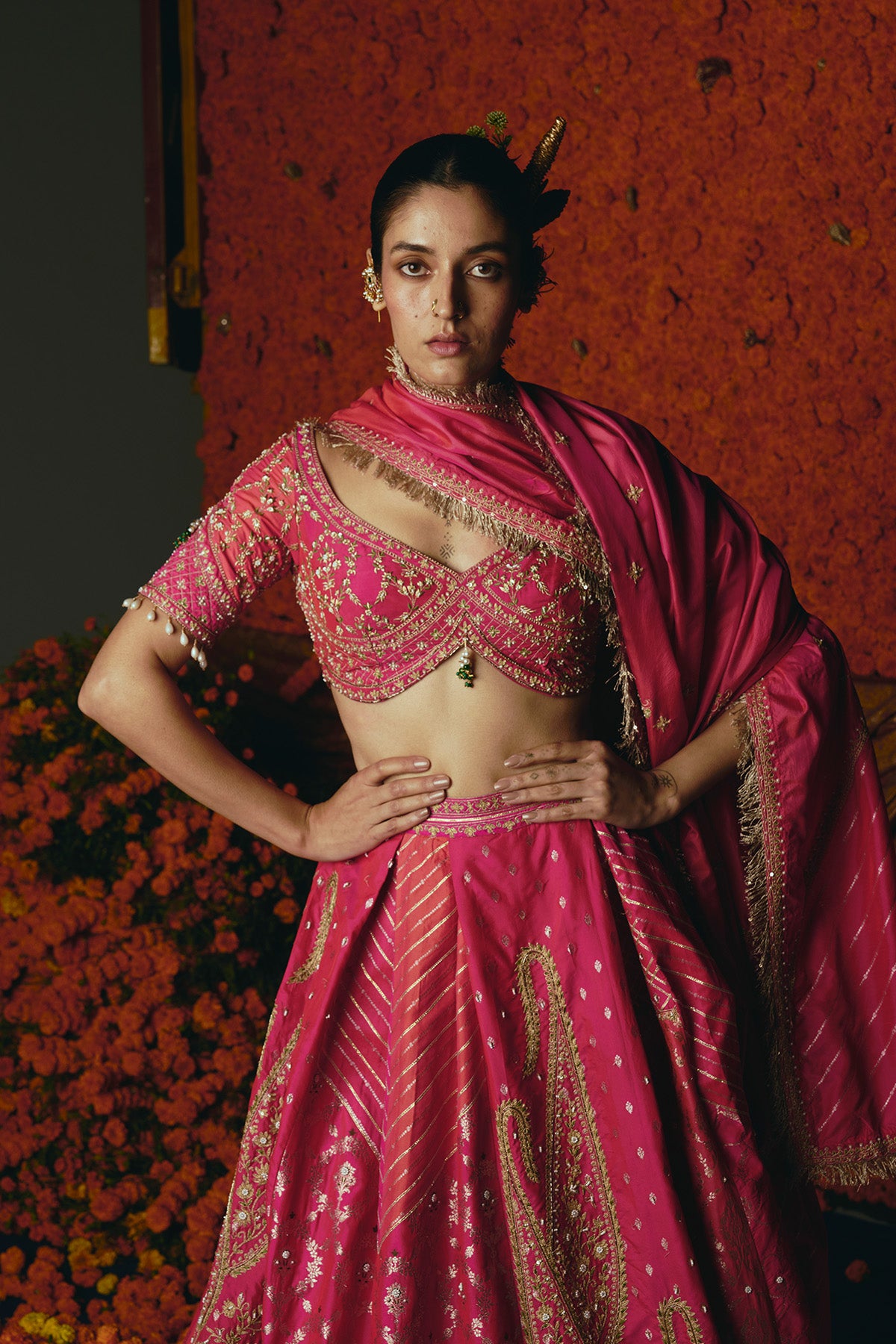 Abstract Pink and Peach Silk Banarsi Lehenga Set