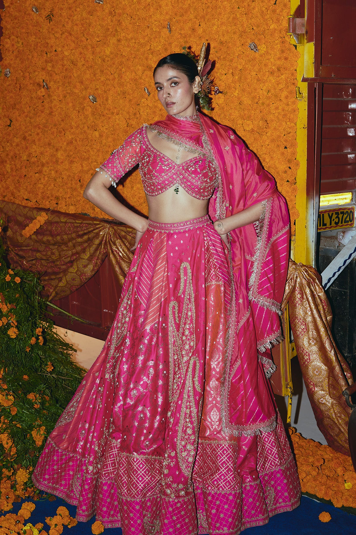 Abstract Pink and Peach Silk Banarsi Lehenga Set