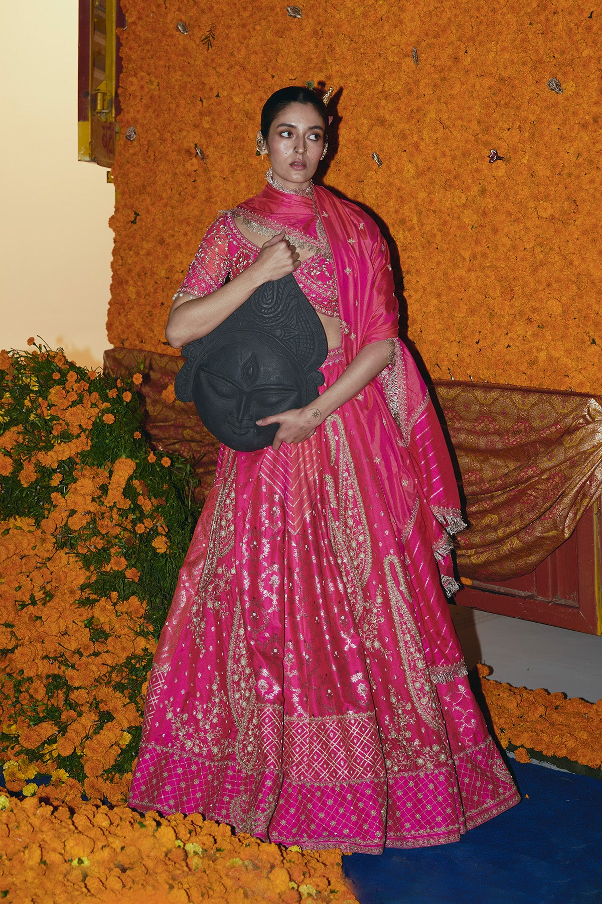 Abstract Pink and Peach Silk Banarsi Lehenga Set