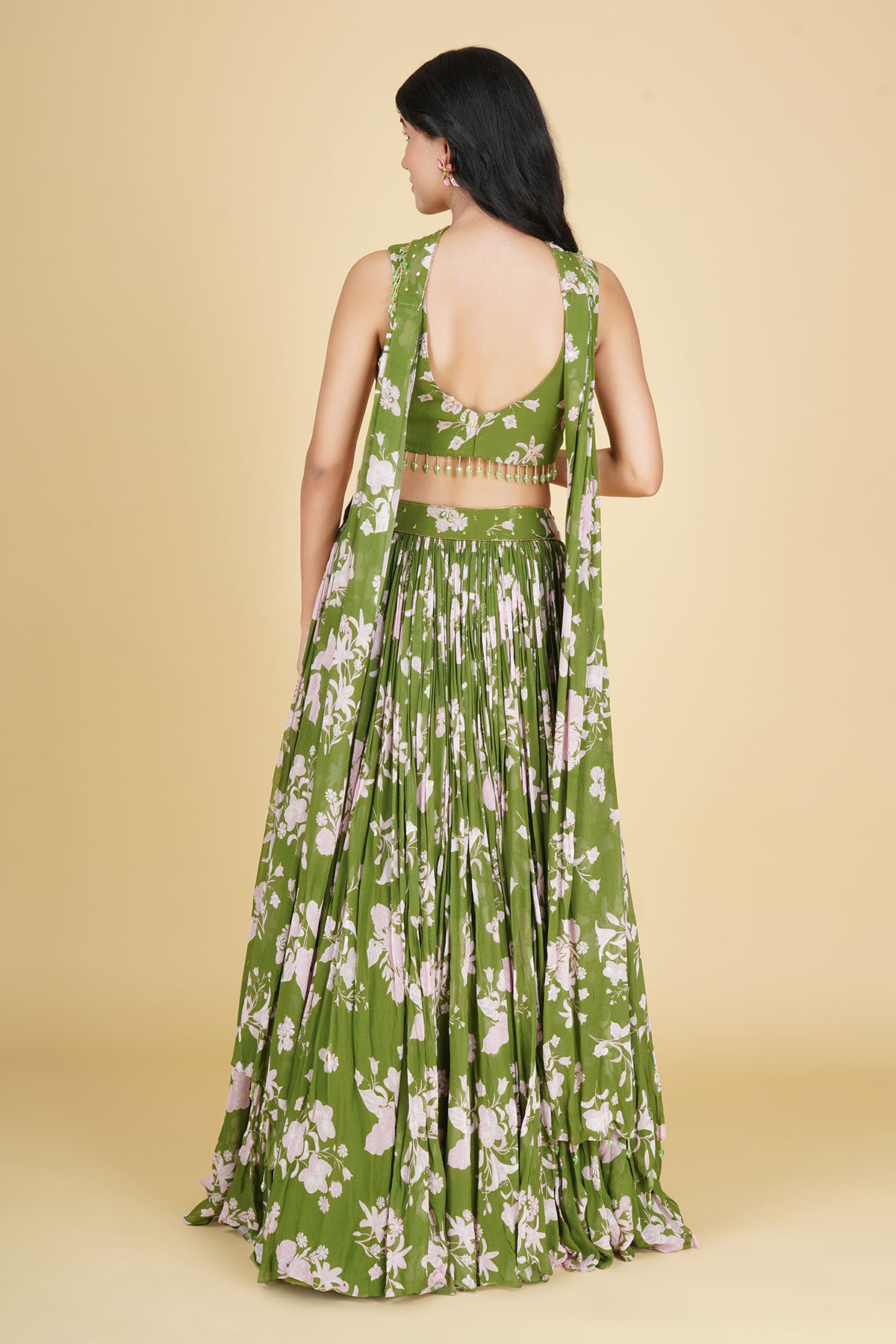 SAGE GREEN JAAL PRINTED LEHENGA SET