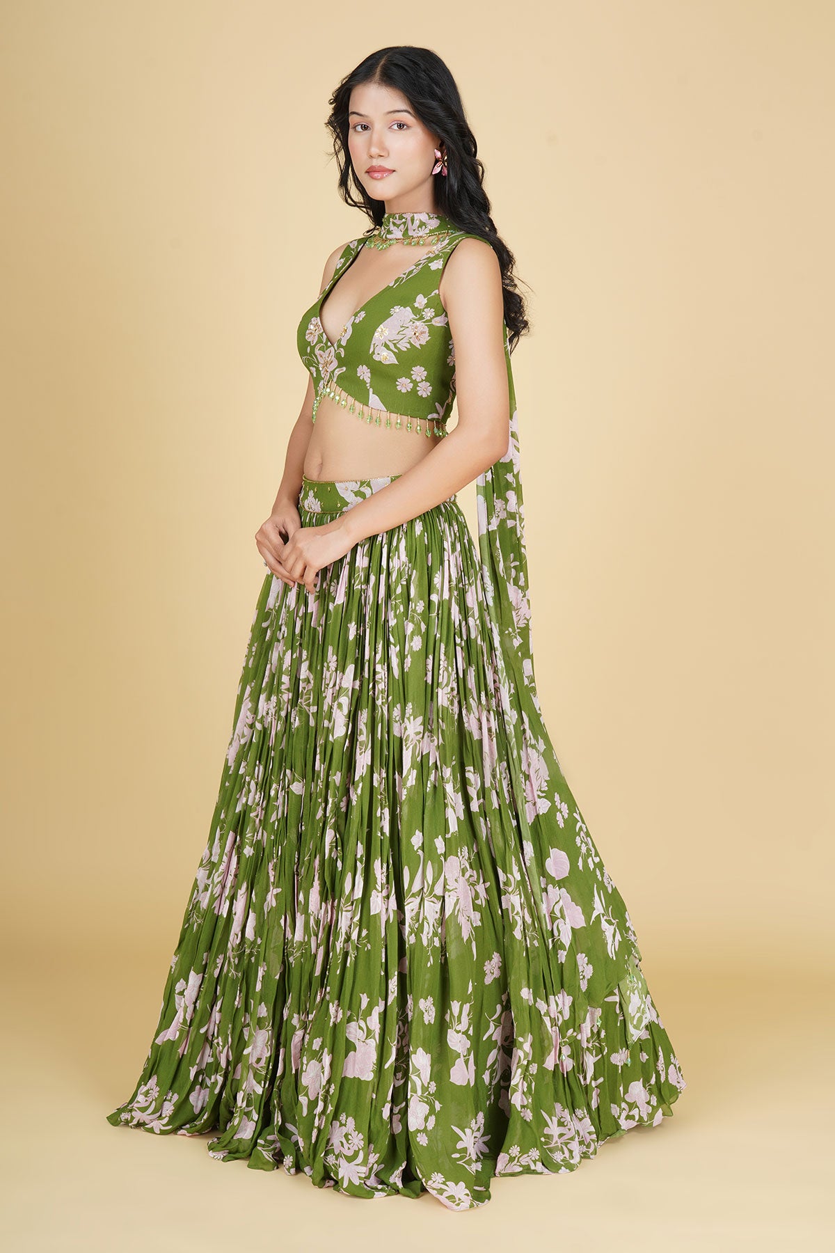 SAGE GREEN JAAL PRINTED LEHENGA SET