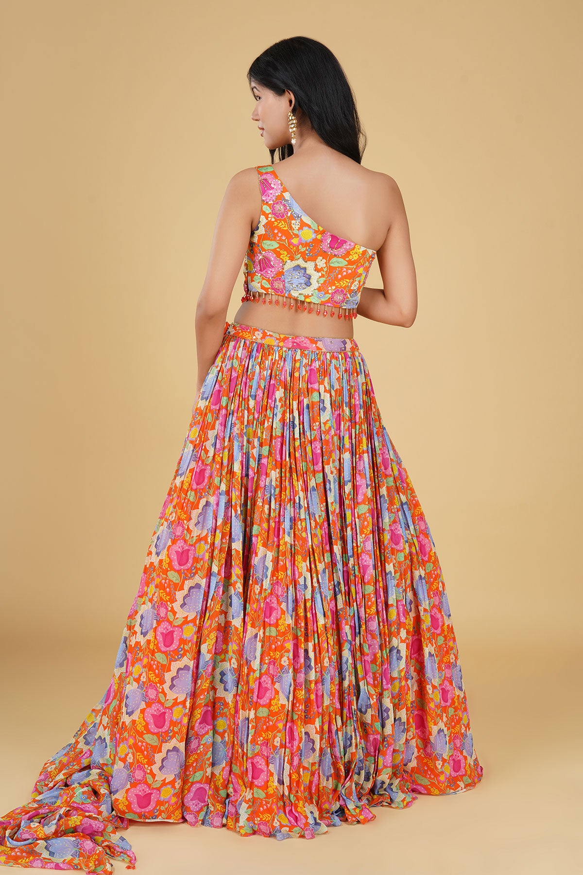 ORANGE JAAL  HIGHLIGHTED AND PRINTED LEHENGA SET