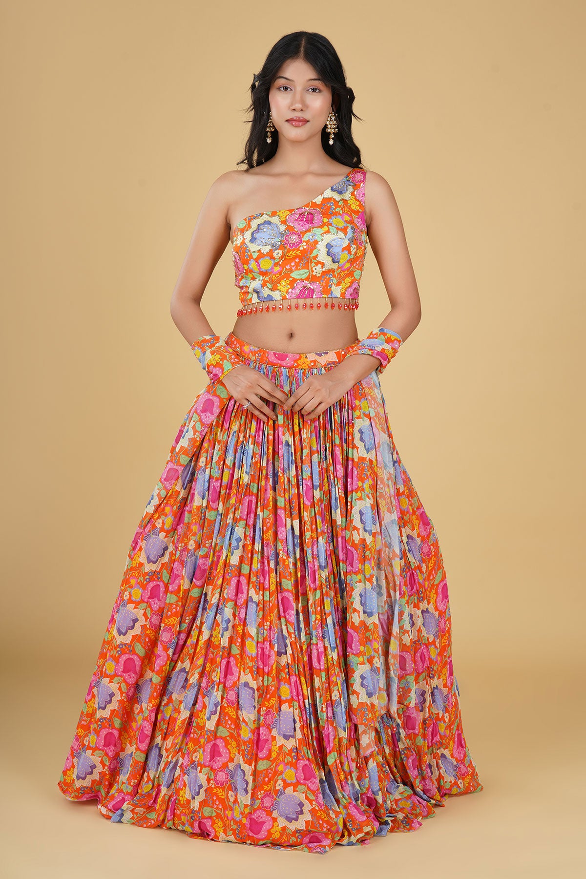 ORANGE JAAL  HIGHLIGHTED AND PRINTED LEHENGA SET