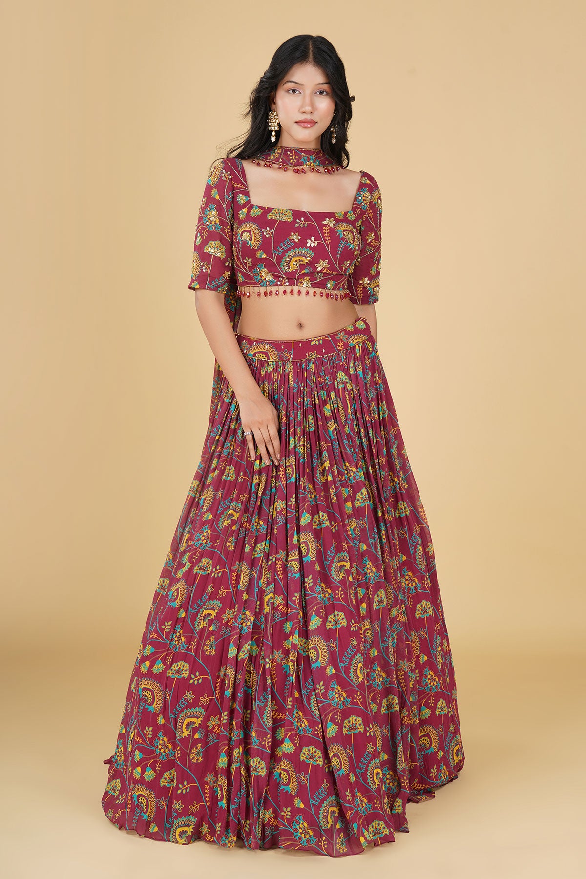 MAROON JAAL HIGHLIGHTED AND PRINTED LEHENGA SET
