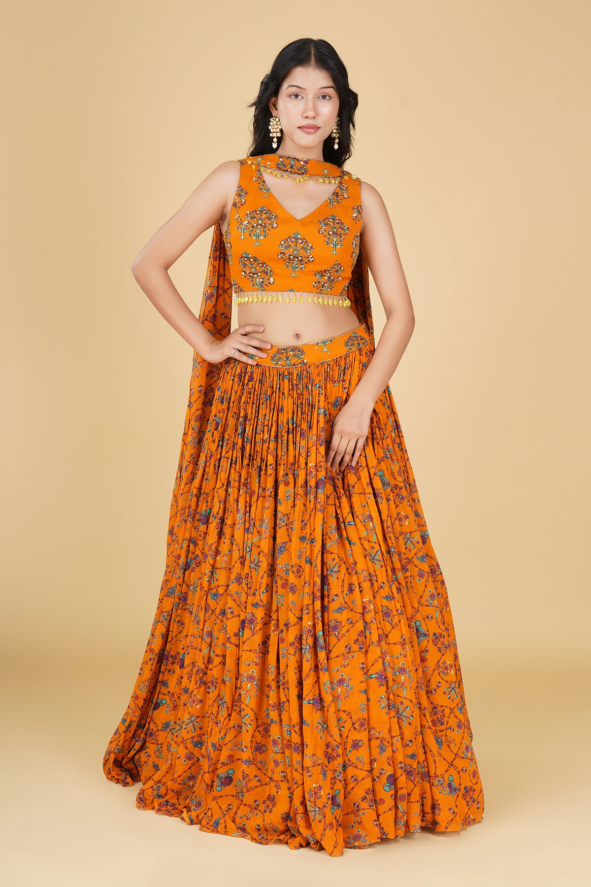 YELLOW JAAL HIGHLIGHTED AND PRINTED LEHENGA SET