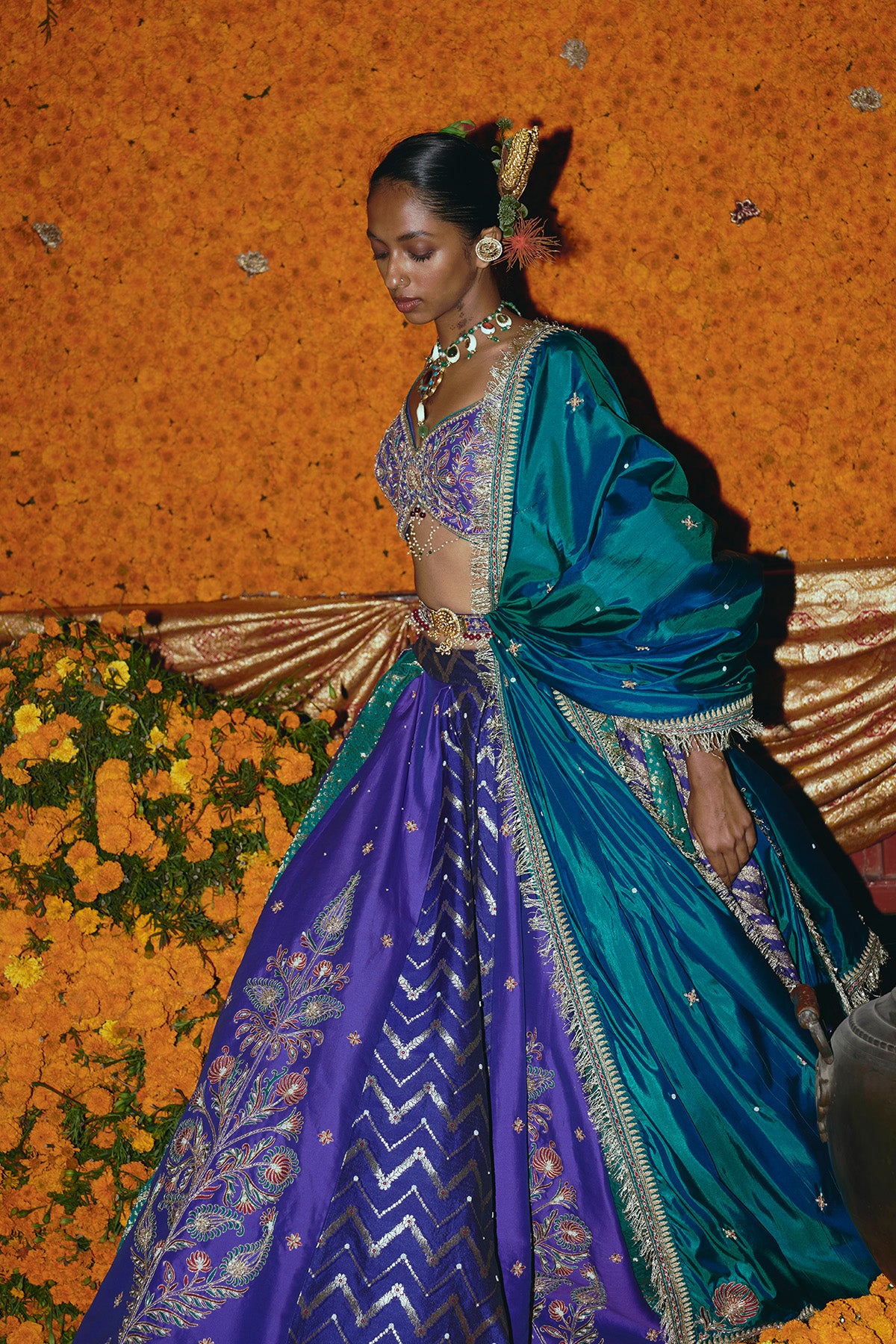 Purple and Teal Silk Banarsi Lehenga Set