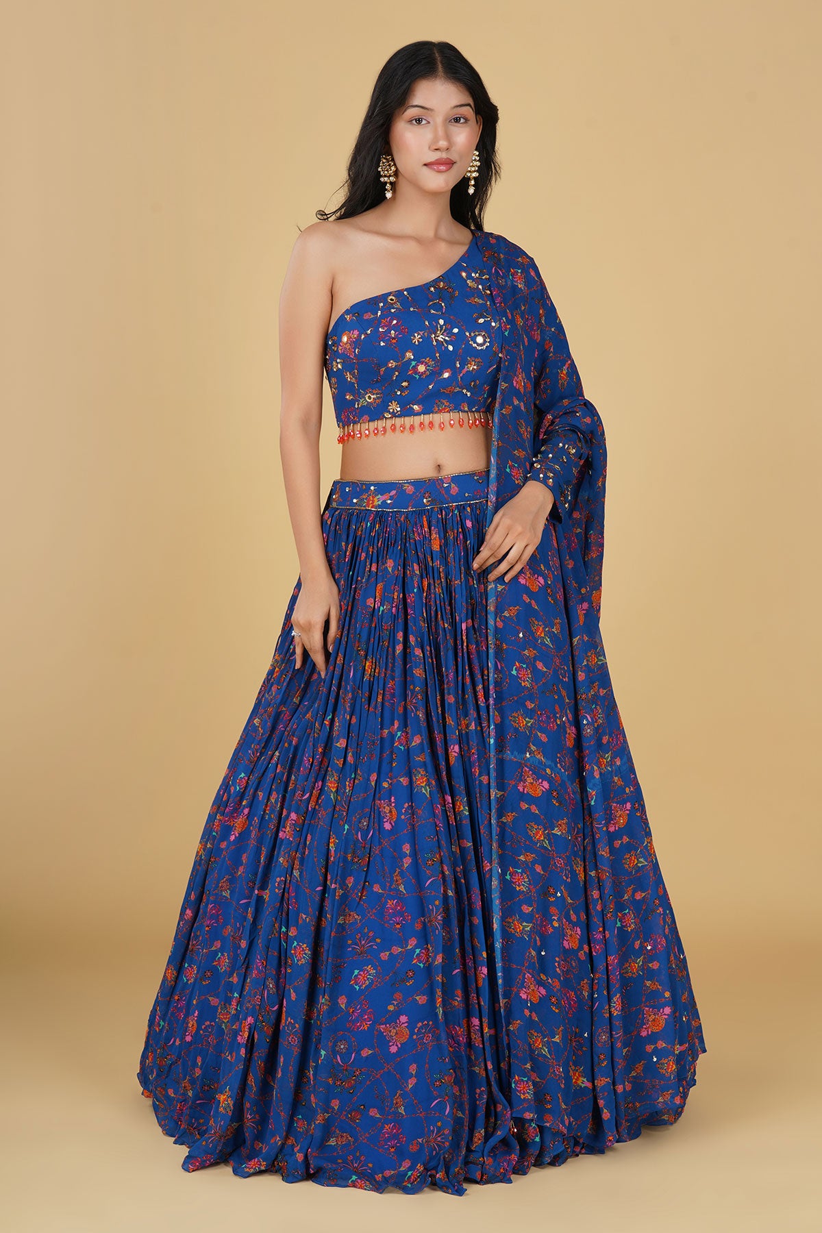 ELECTRIC BLUE JAAL HIGHLIGHTED AND PRINTED LEHENGA SET