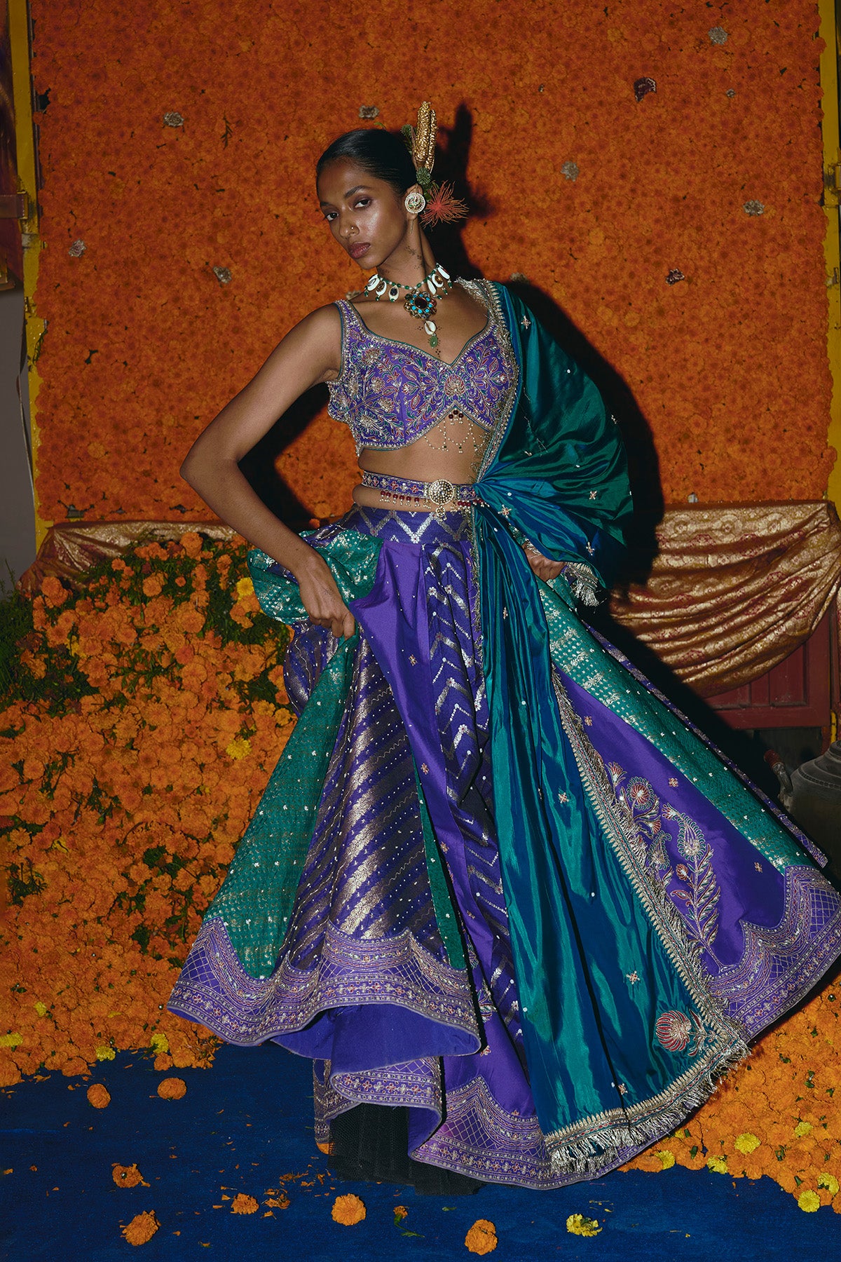 Purple and Teal Silk Banarsi Lehenga Set