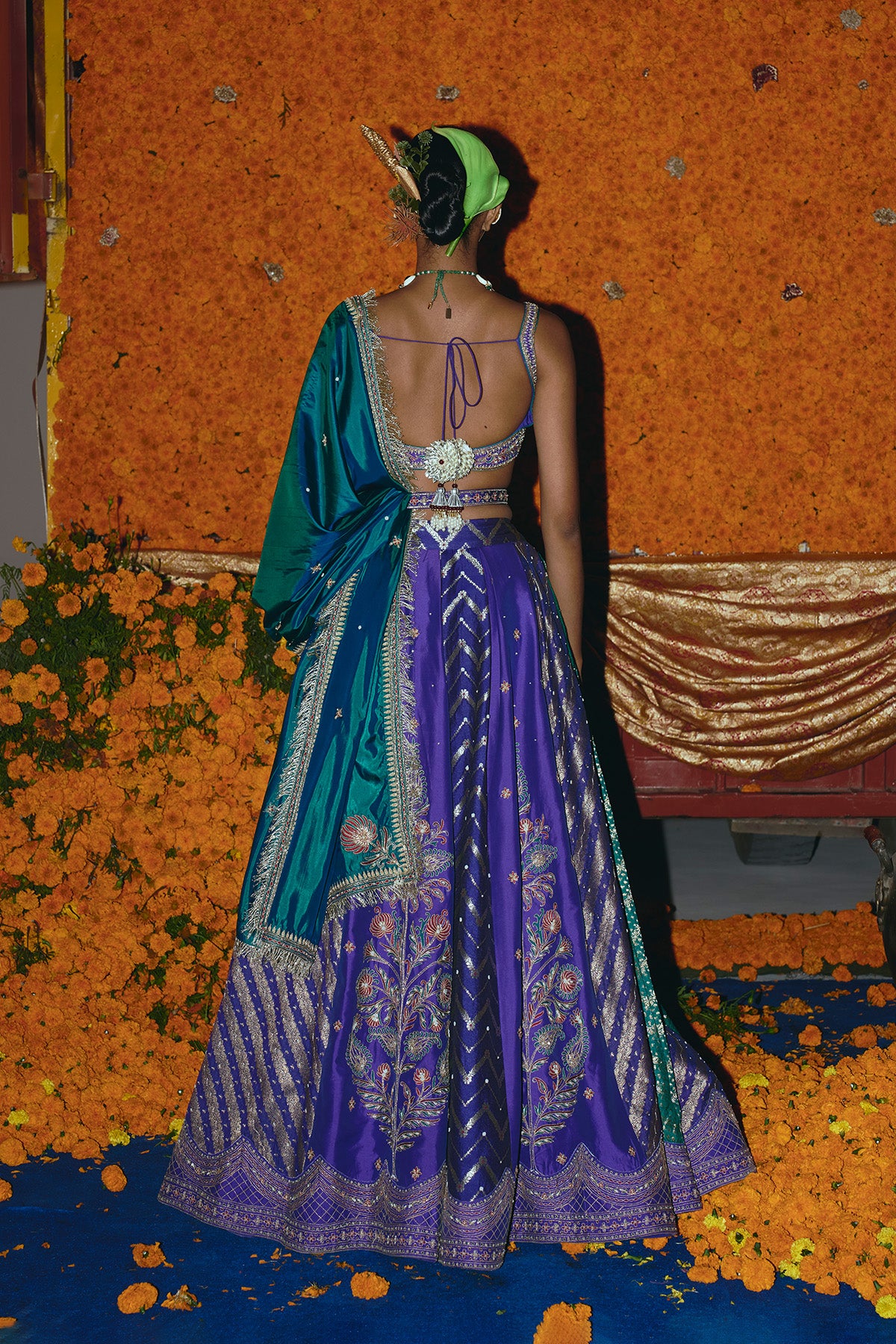 Purple and Teal Silk Banarsi Lehenga Set