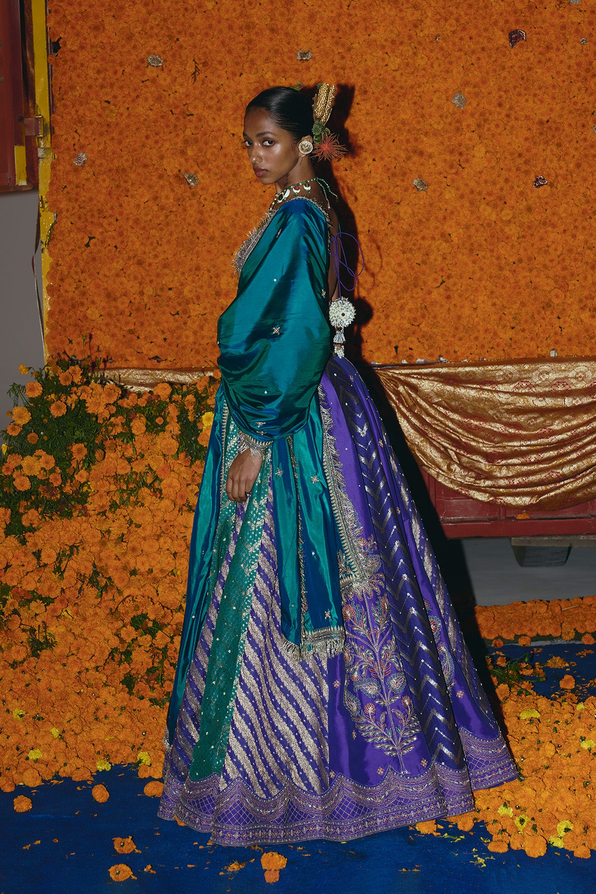 Purple and Teal Silk Banarsi Lehenga Set