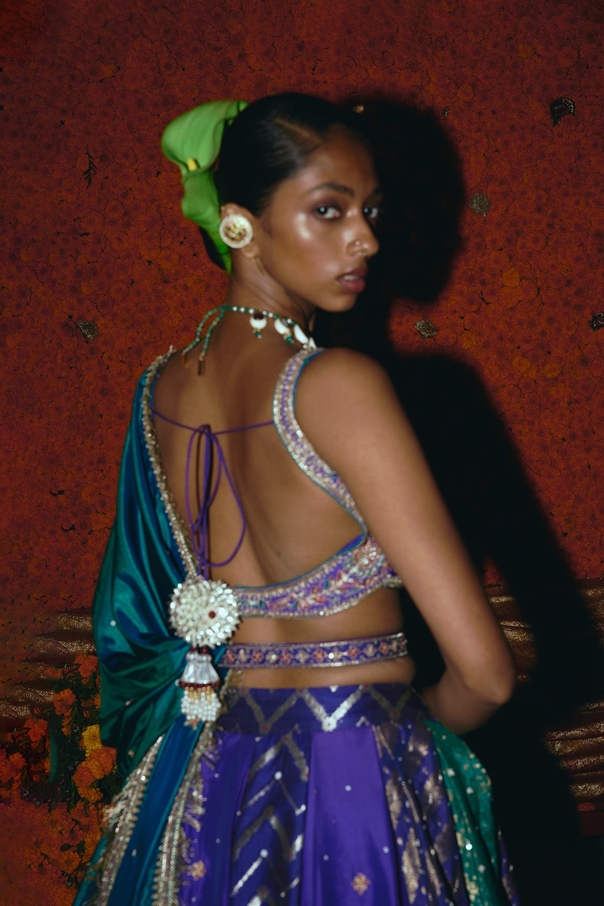 Purple and Teal Silk Banarsi Lehenga Set