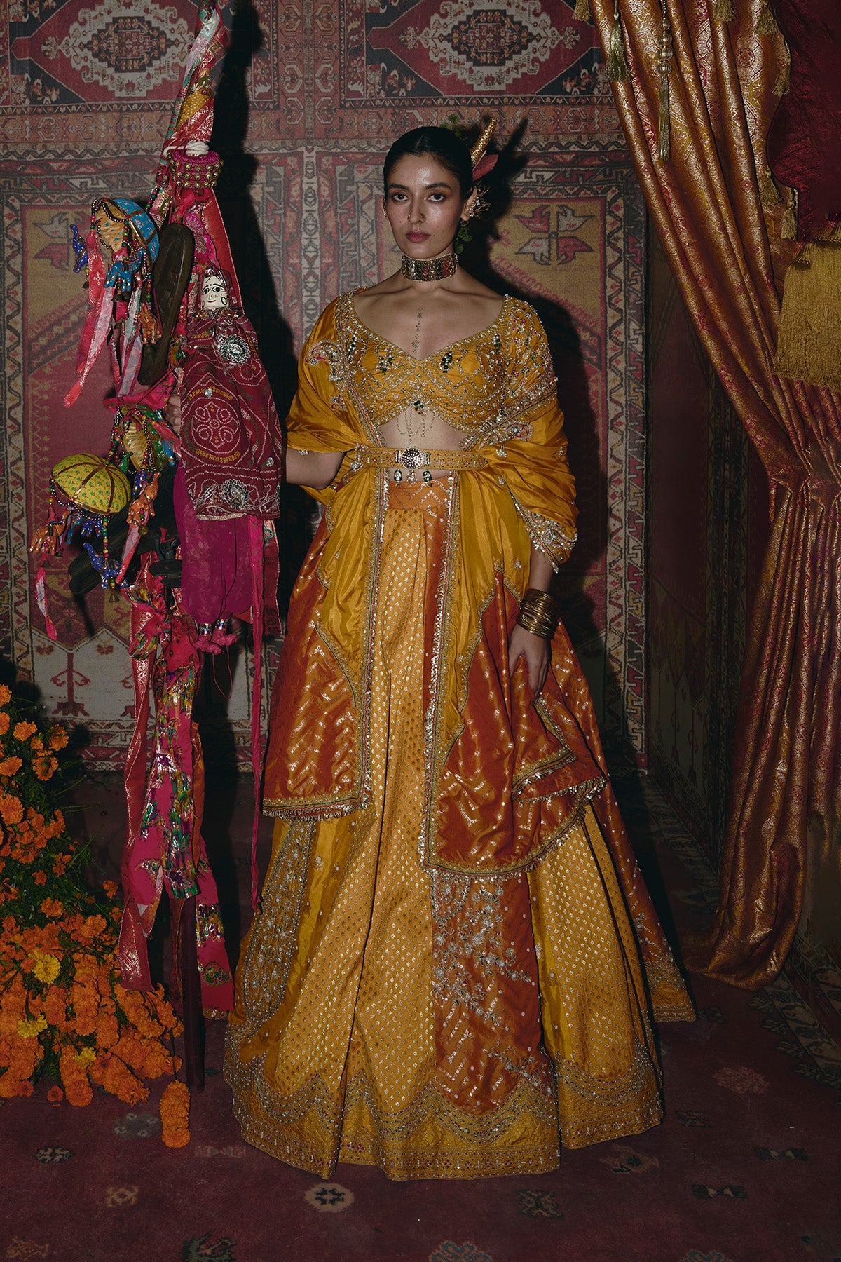 Yellow and Ochre Silk Banarsi Lehenga Set