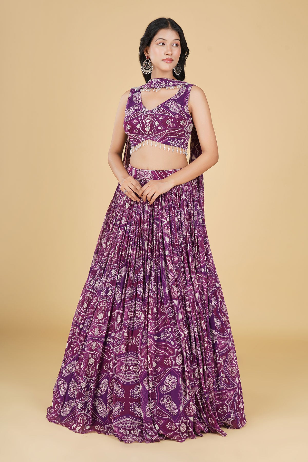 WINE JAAL HIGHLIGHTED AND PRINTED LEHENGA SET