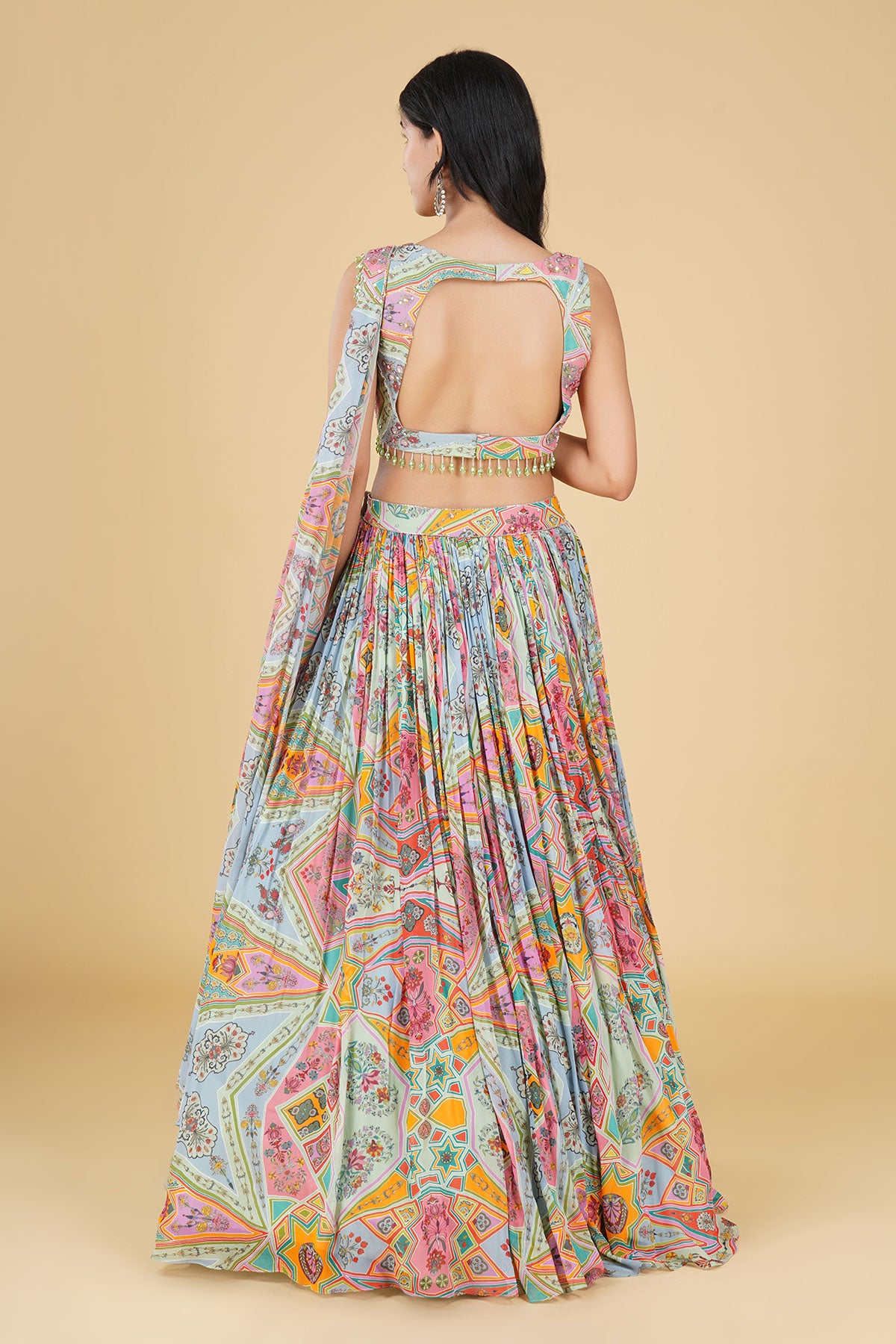 PASTEL YELLOW JAAL HIGHLIGHTED AND PRINTED LEHENGA SET