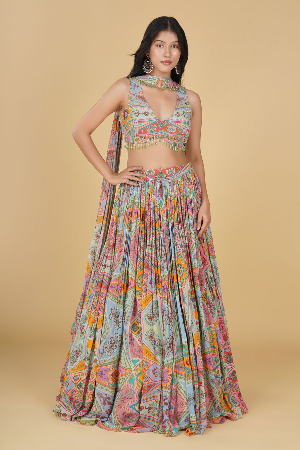 PASTEL YELLOW JAAL HIGHLIGHTED AND PRINTED LEHENGA SET