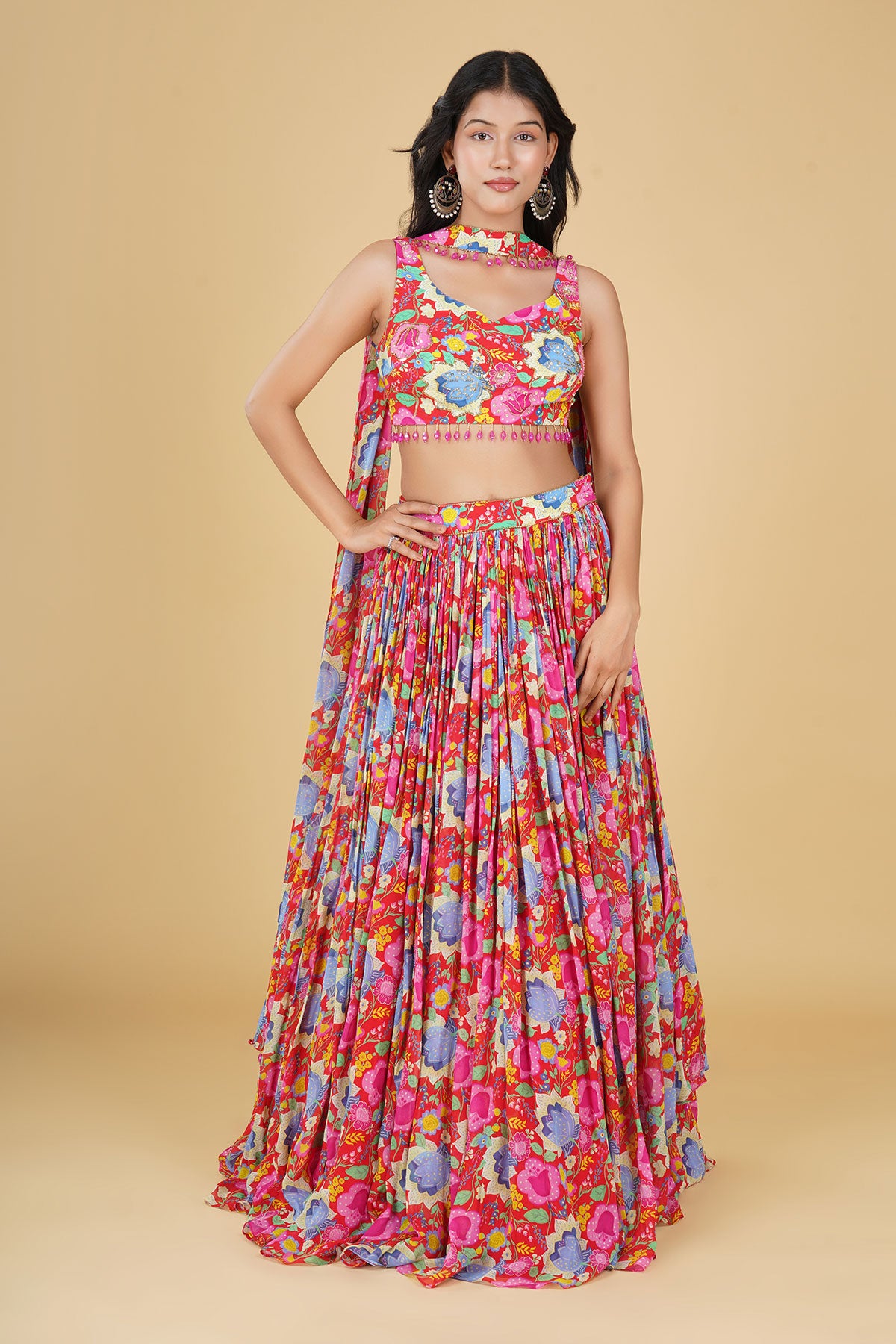 RUST HIGHLIGHTED JAAL AND PRINTED LEHENGA SET