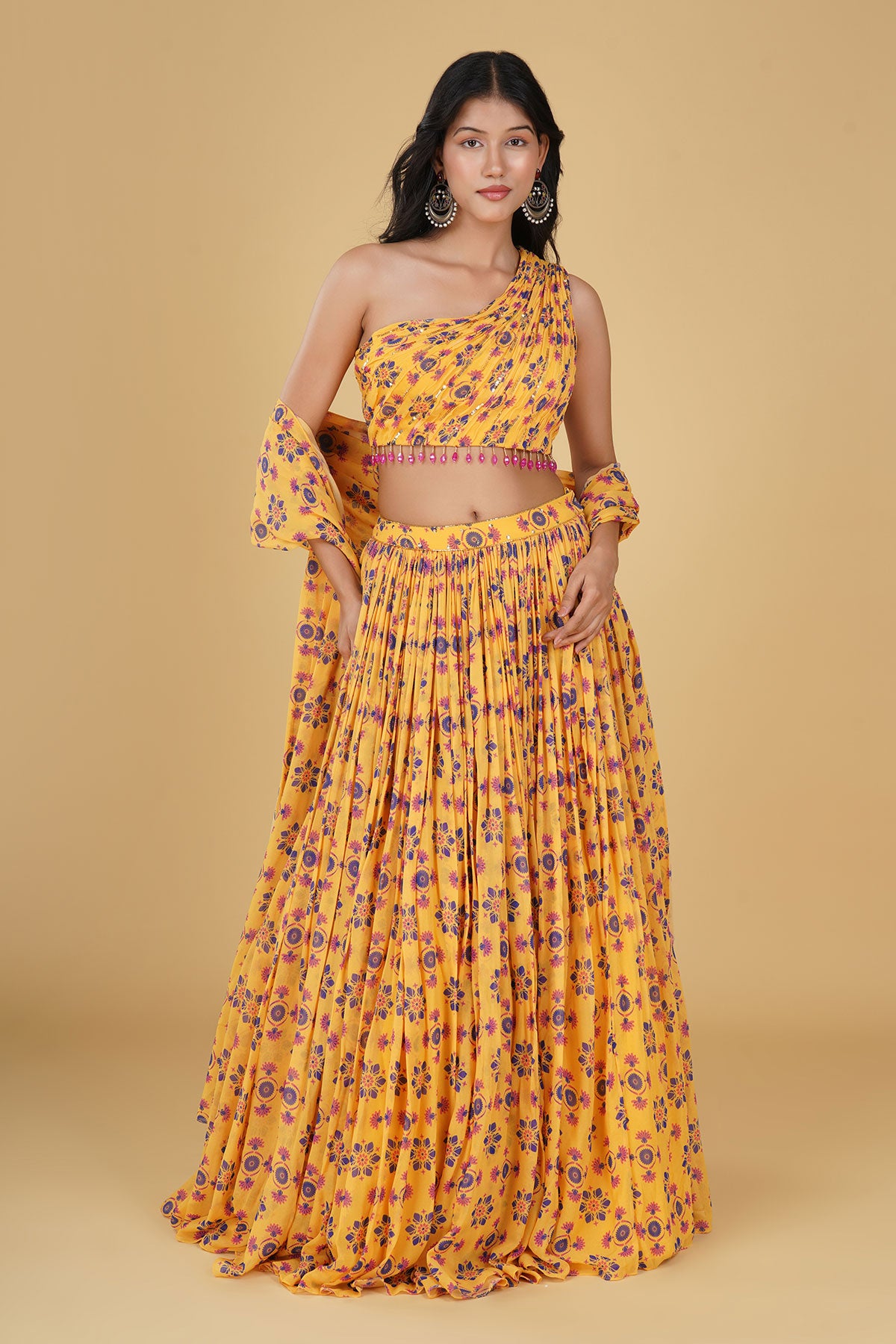 YELLOW JAAL  HIGHLIGHTED AND PRINTED LEHENGA SET