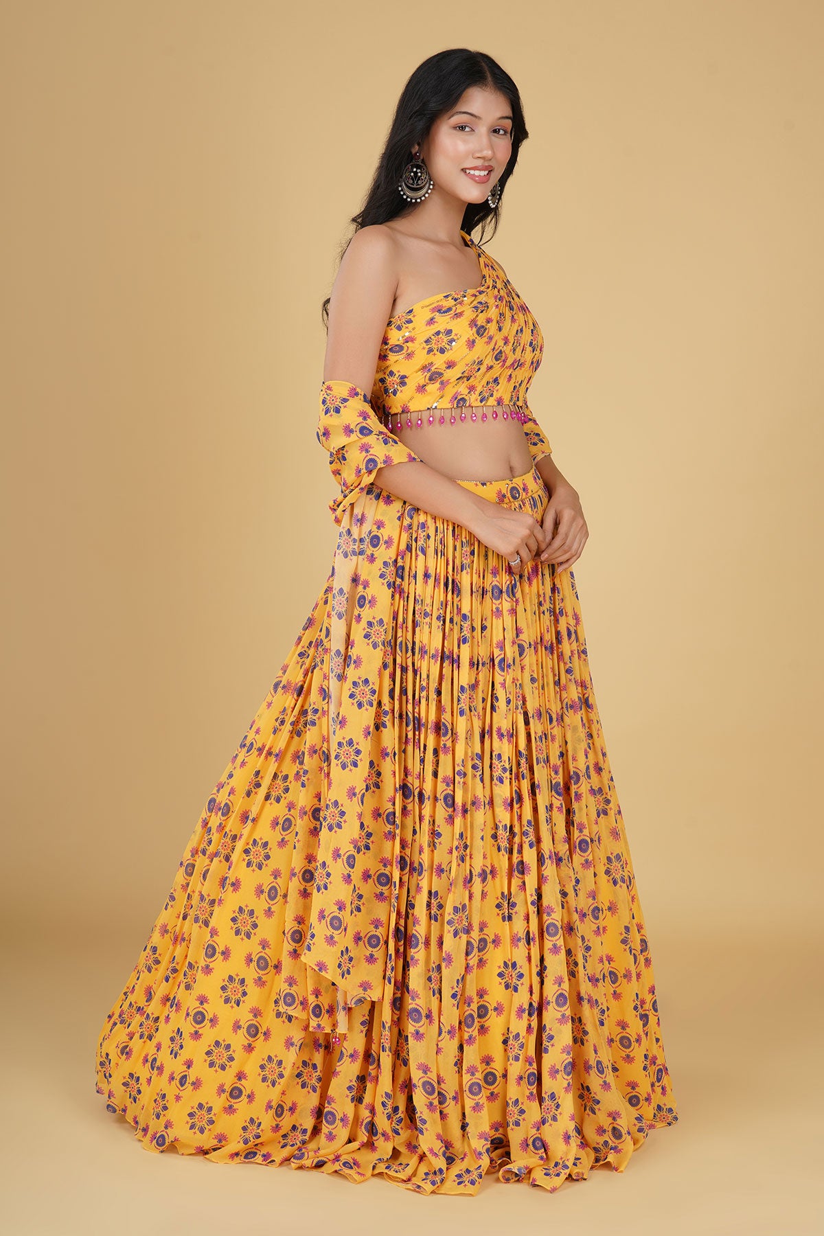 YELLOW JAAL  HIGHLIGHTED AND PRINTED LEHENGA SET
