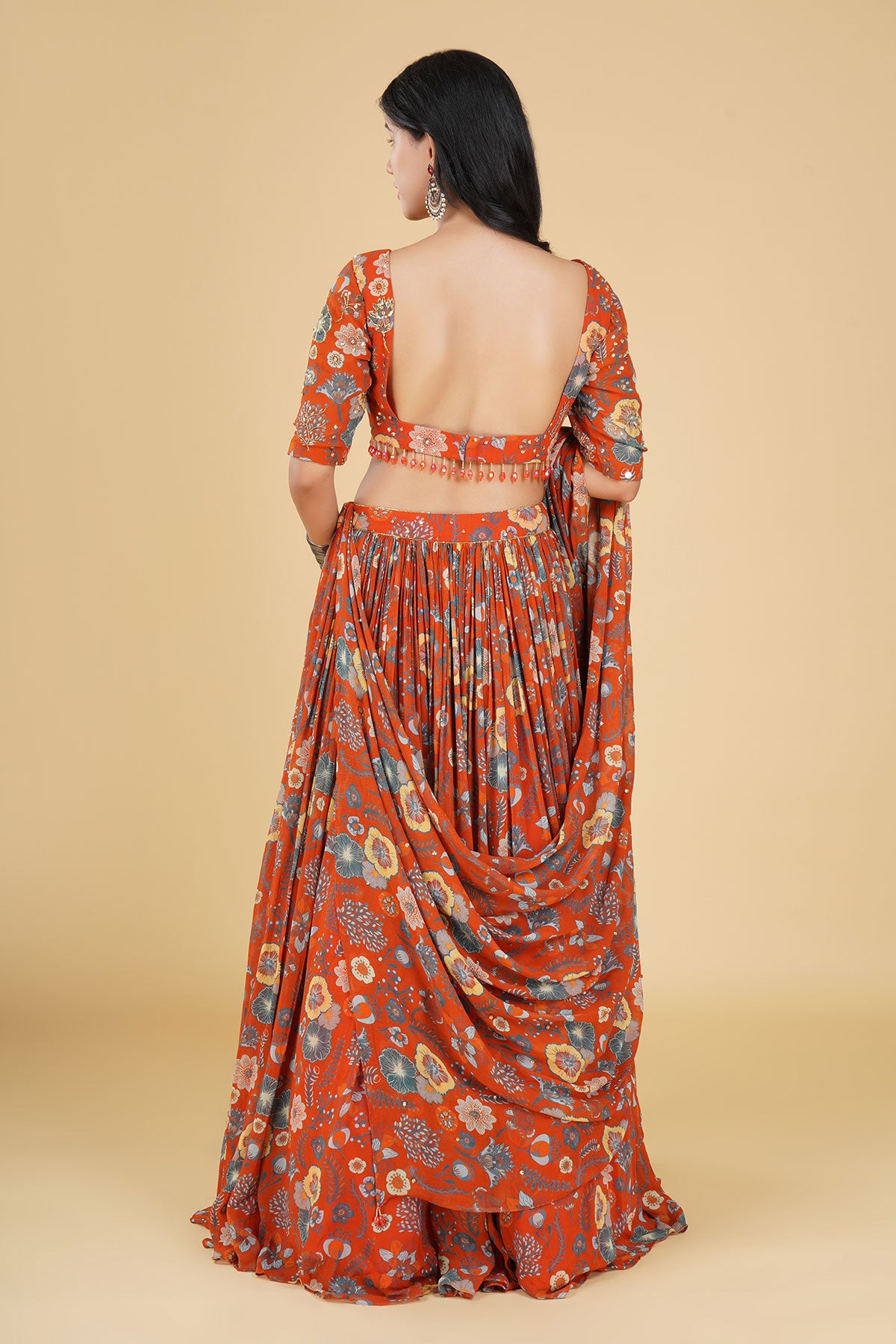 RUST ORANGE JAAL HIGHLIGHTED AND PRINTED LEHENGA SET