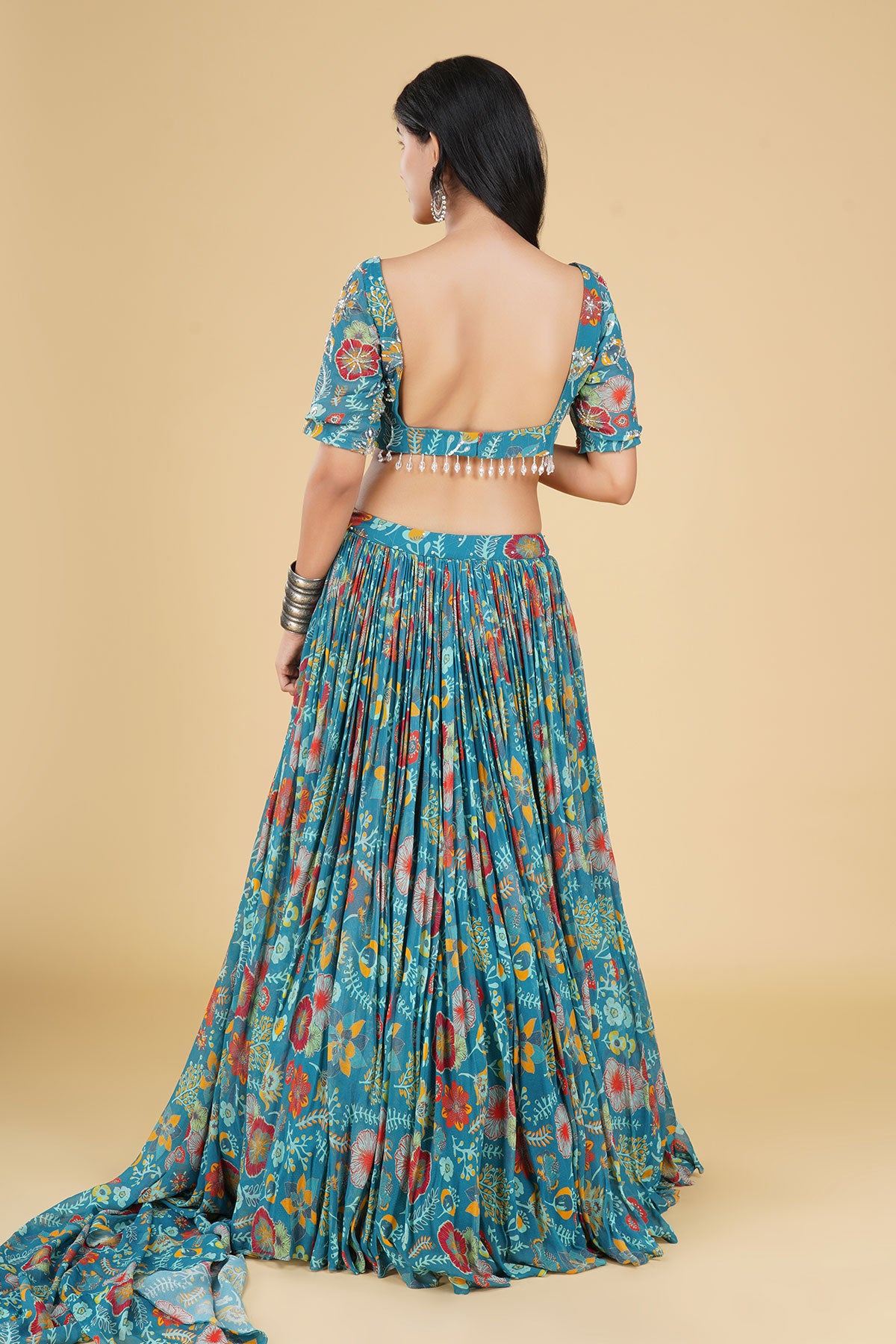 TEAL JAAL HIGHLIGHTED AND PRINTED LEHENGA SET