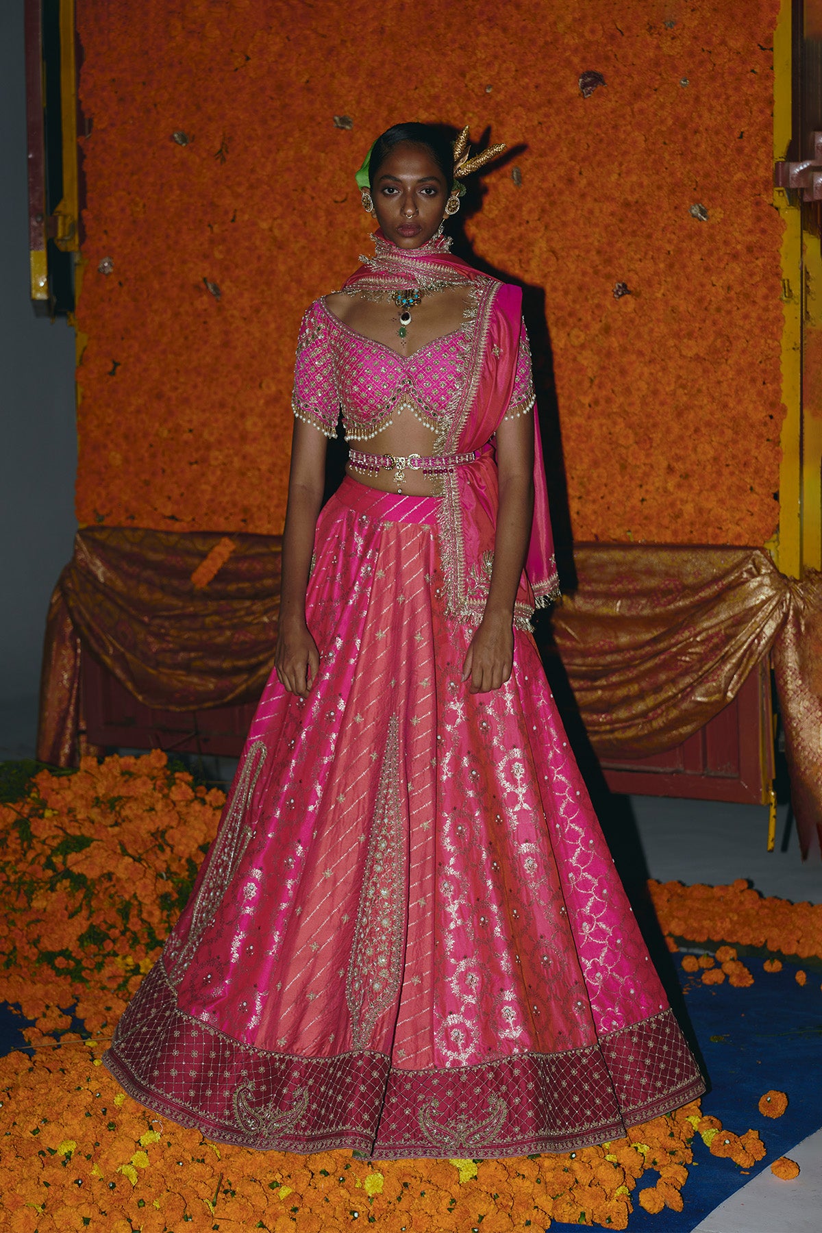 Panelled Hot Pink and Peach Silk Banarsi Lehenga Set