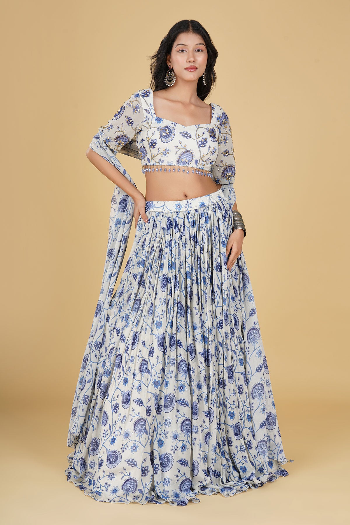 IVORY JAAL PRINT AND HIGHLIGHTED LEHENGA SET