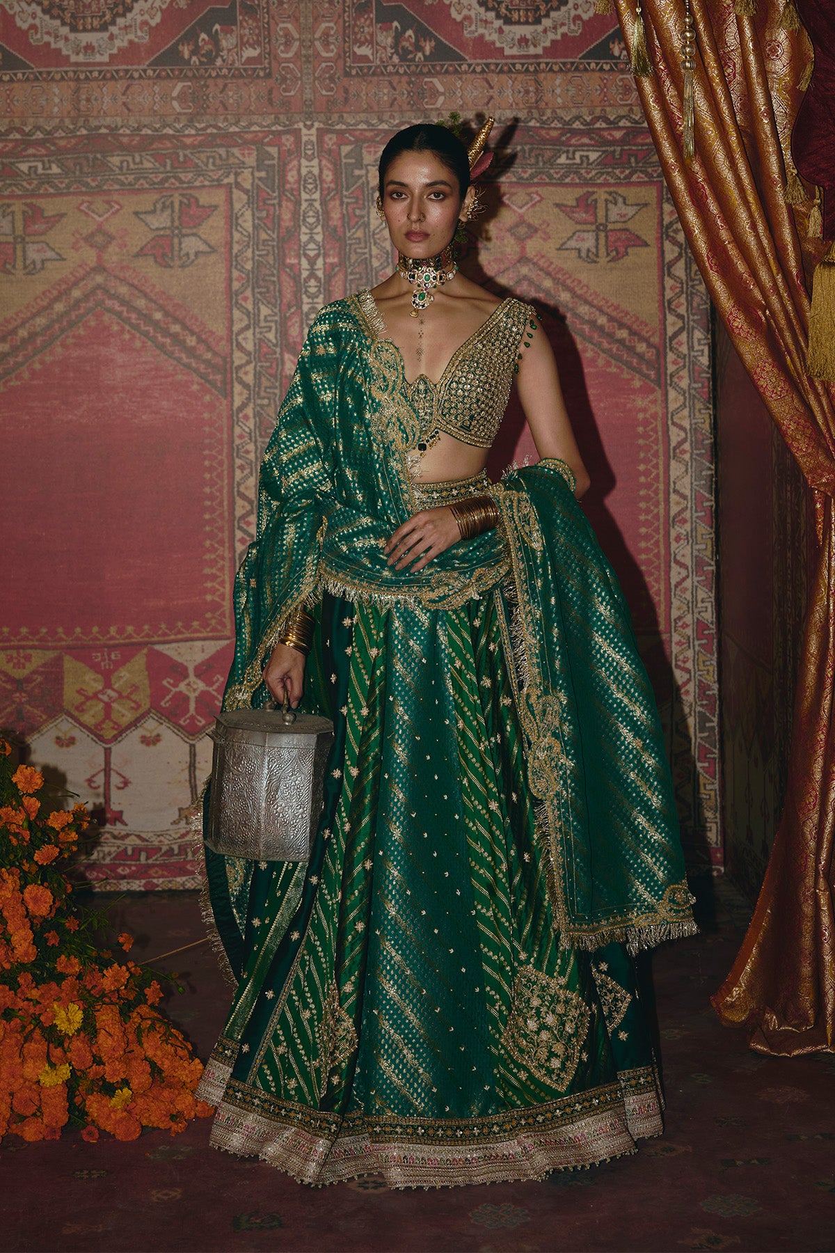 Green and Teal Silk Banarsi Lehenga Set