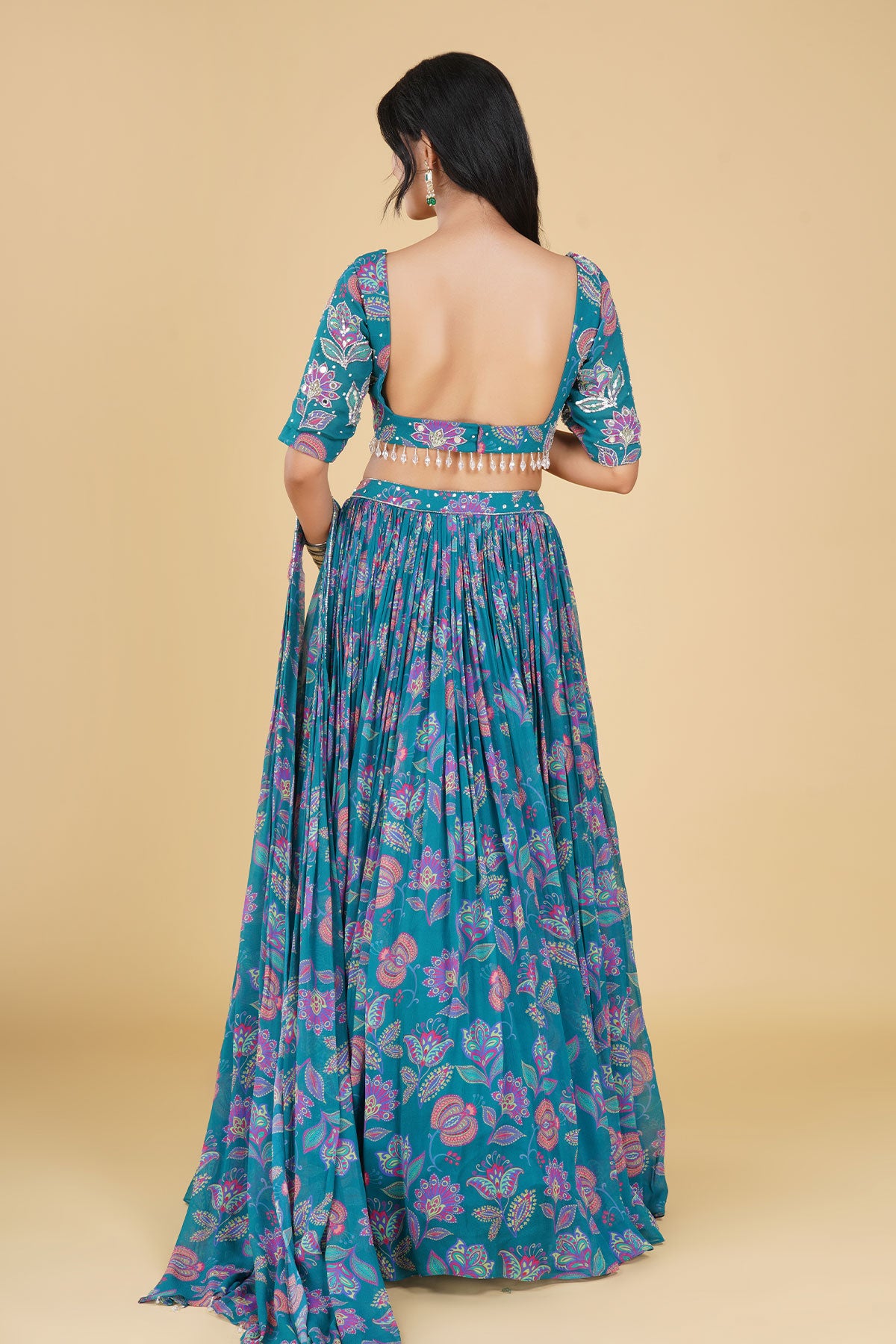 TEAL JAAL HIGHLIGHTED AND PRINTED LEHENGA SET