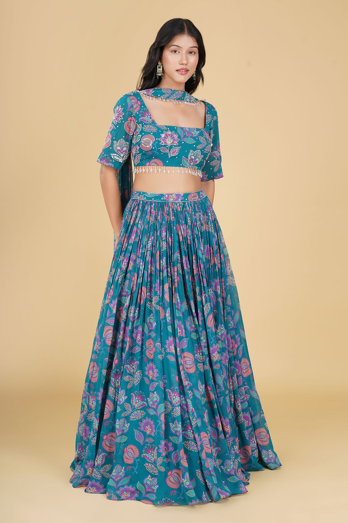 TEAL JAAL HIGHLIGHTED AND PRINTED LEHENGA SET