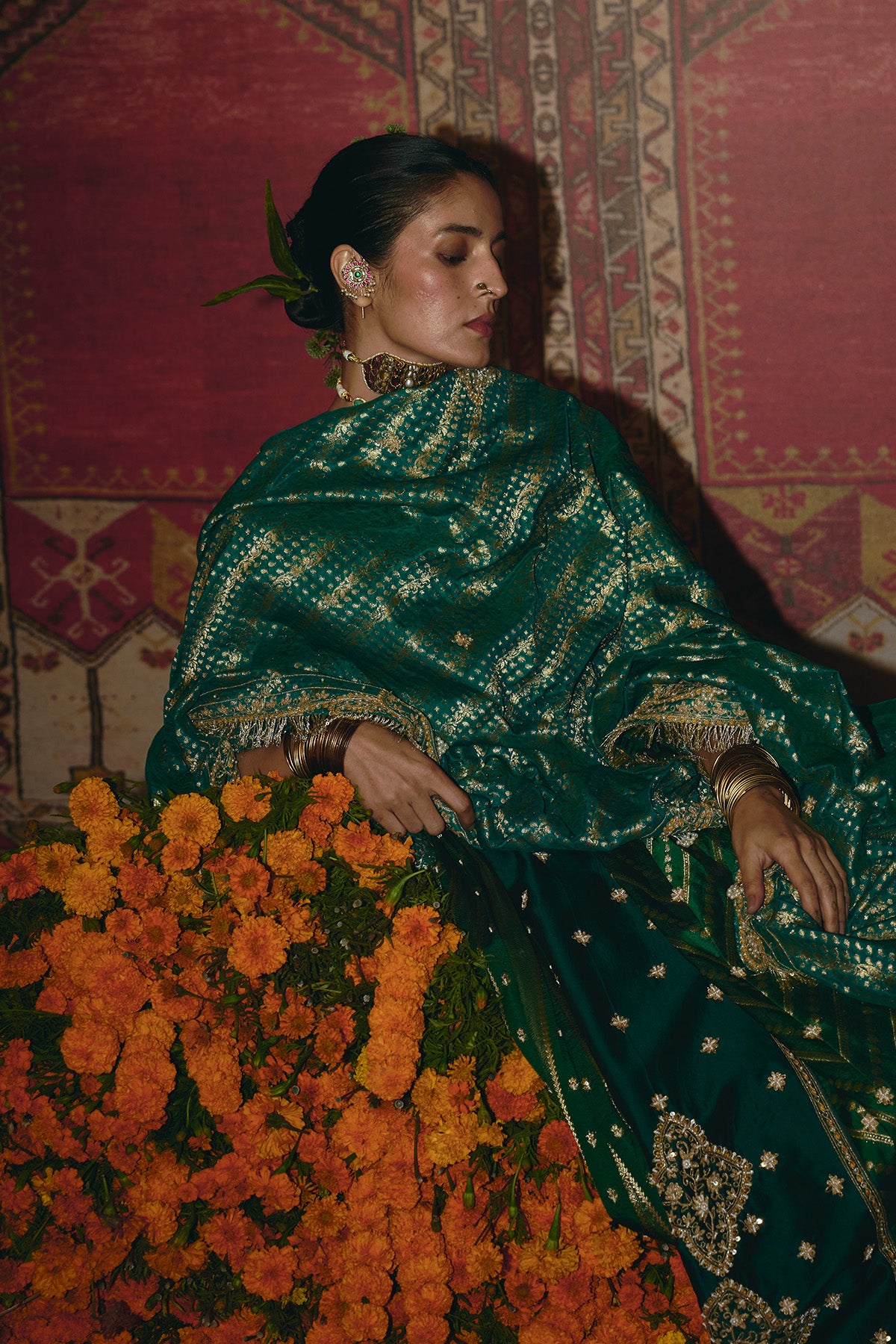 Green and Teal Silk Banarsi Lehenga Set