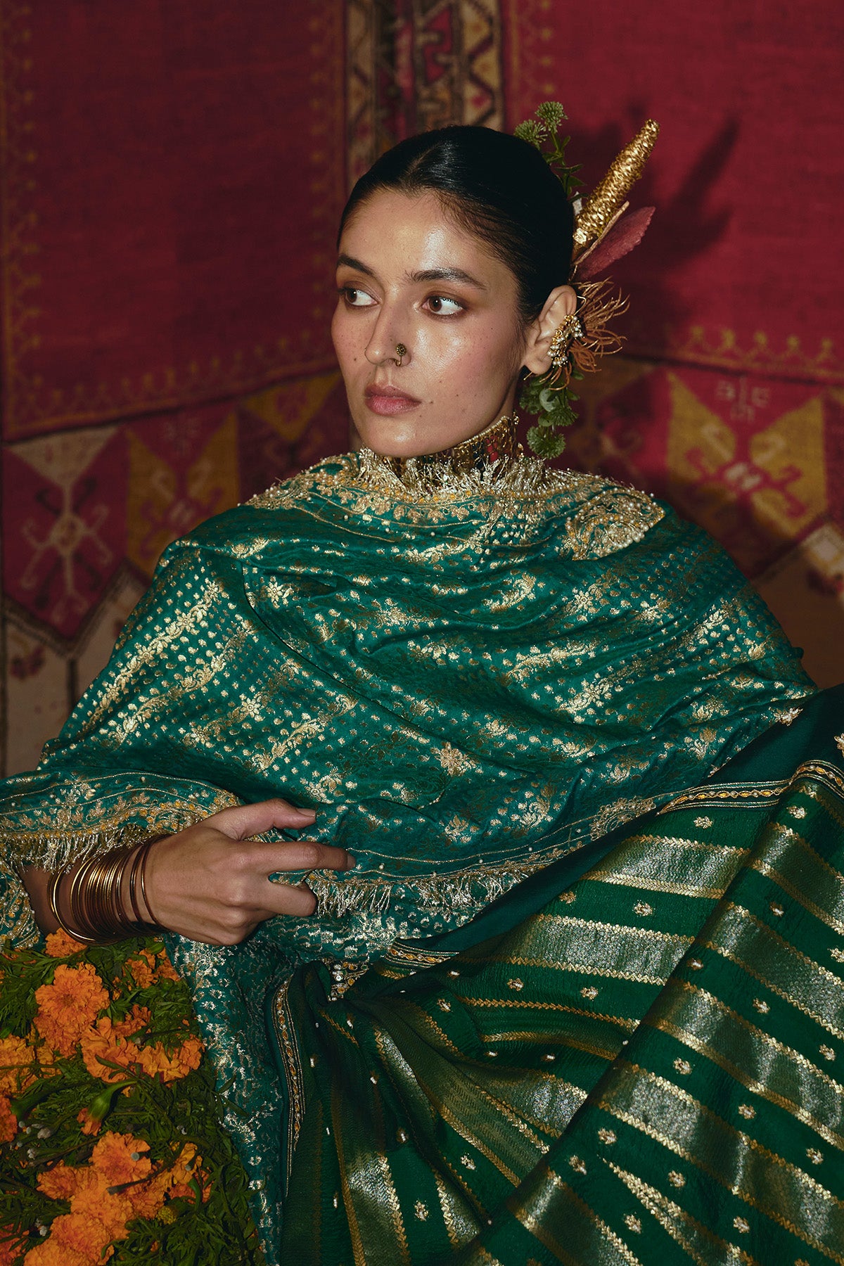 Green and Teal Silk Banarsi Lehenga Set