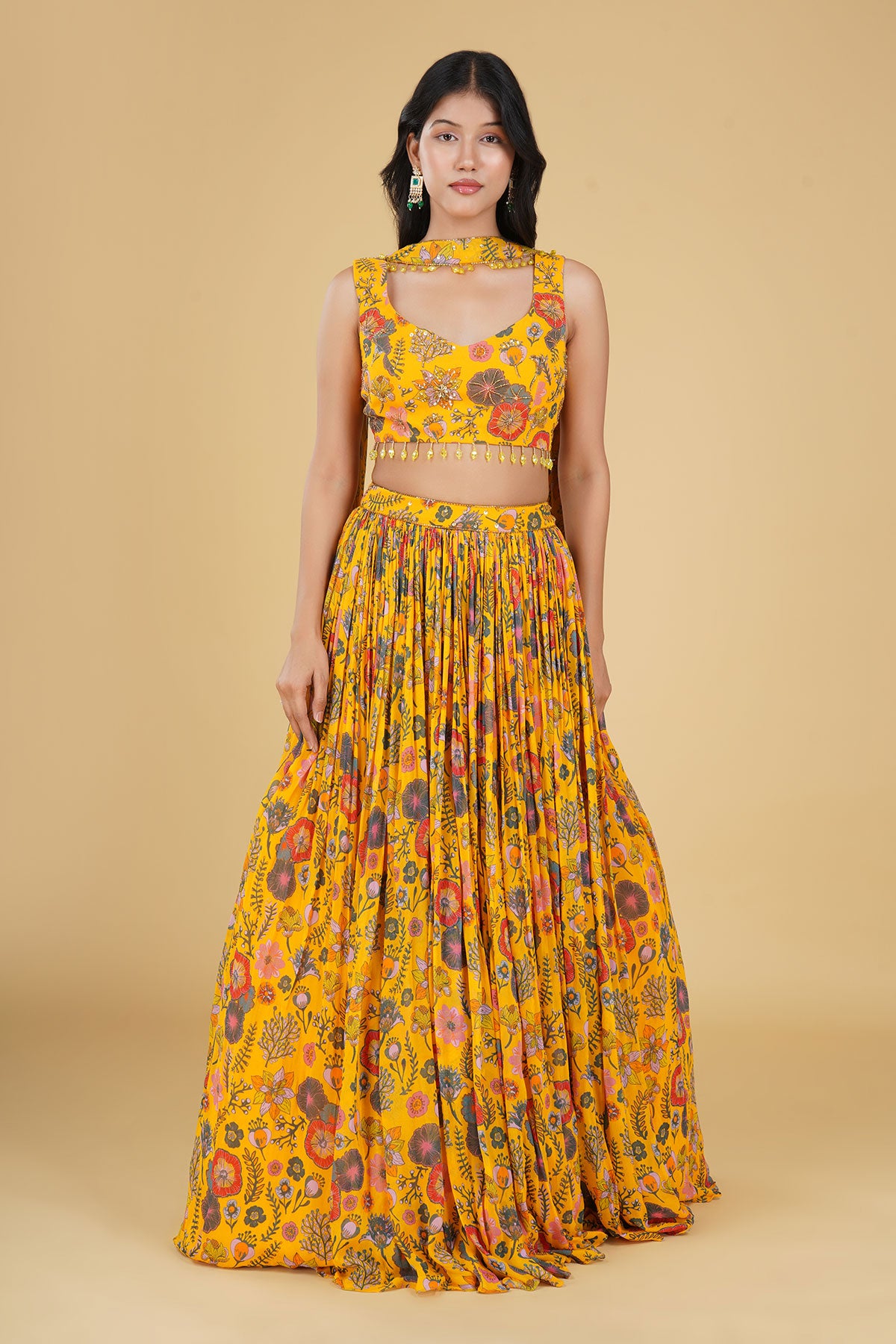 YELLOW JAAL HIGHLIGHTED AND PRINTED LEHENGA SET