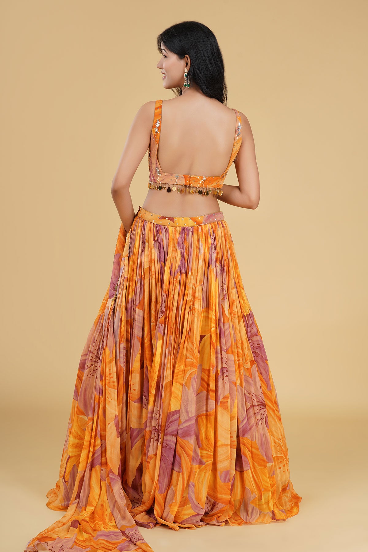 ORANGE JAAL HIGHLIGHTED AND PRINTED LEHENGA SET
