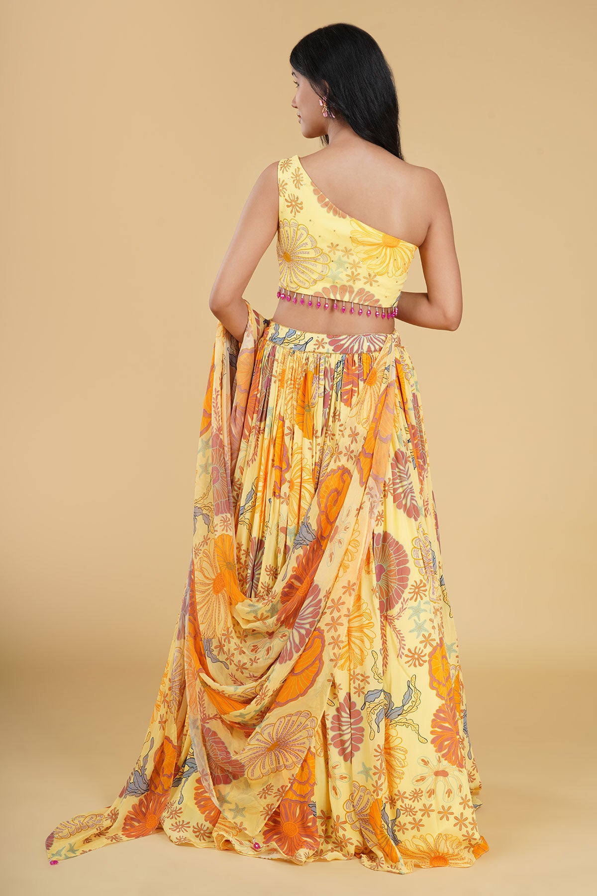 YELLOW HIGHLIGHTED JAAL AND PRINTED LEHENGA SET