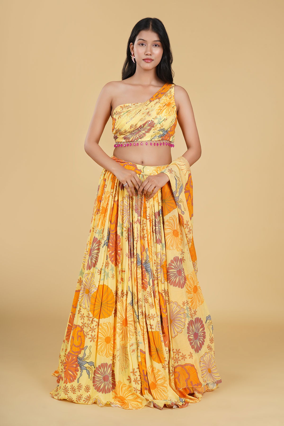 YELLOW HIGHLIGHTED JAAL AND PRINTED LEHENGA SET