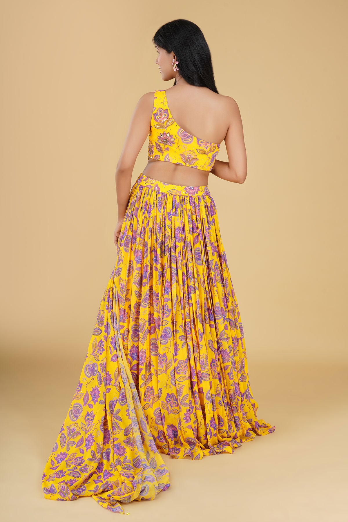 BRIGHT YELLOW JAAL HIGHLIGHTED AND PRINTED LEHENGA SET