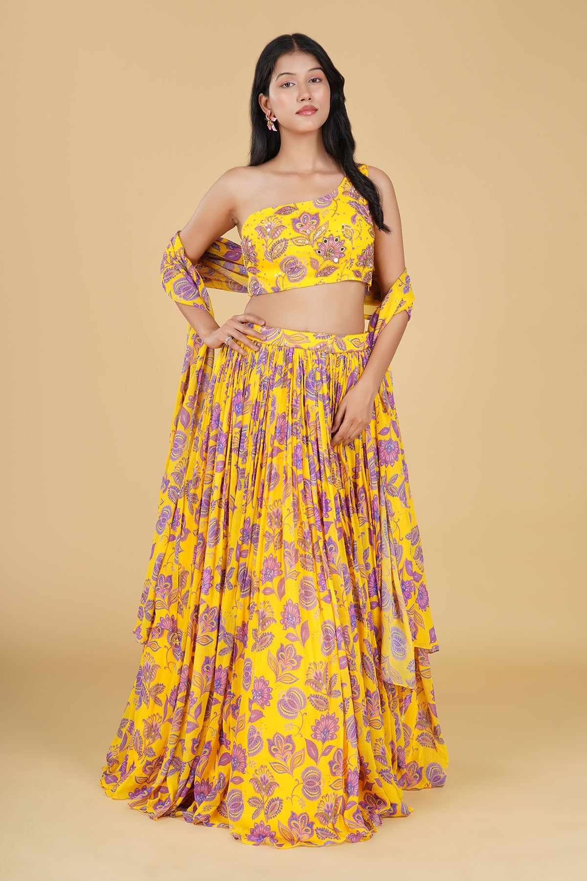 BRIGHT YELLOW JAAL HIGHLIGHTED AND PRINTED LEHENGA SET