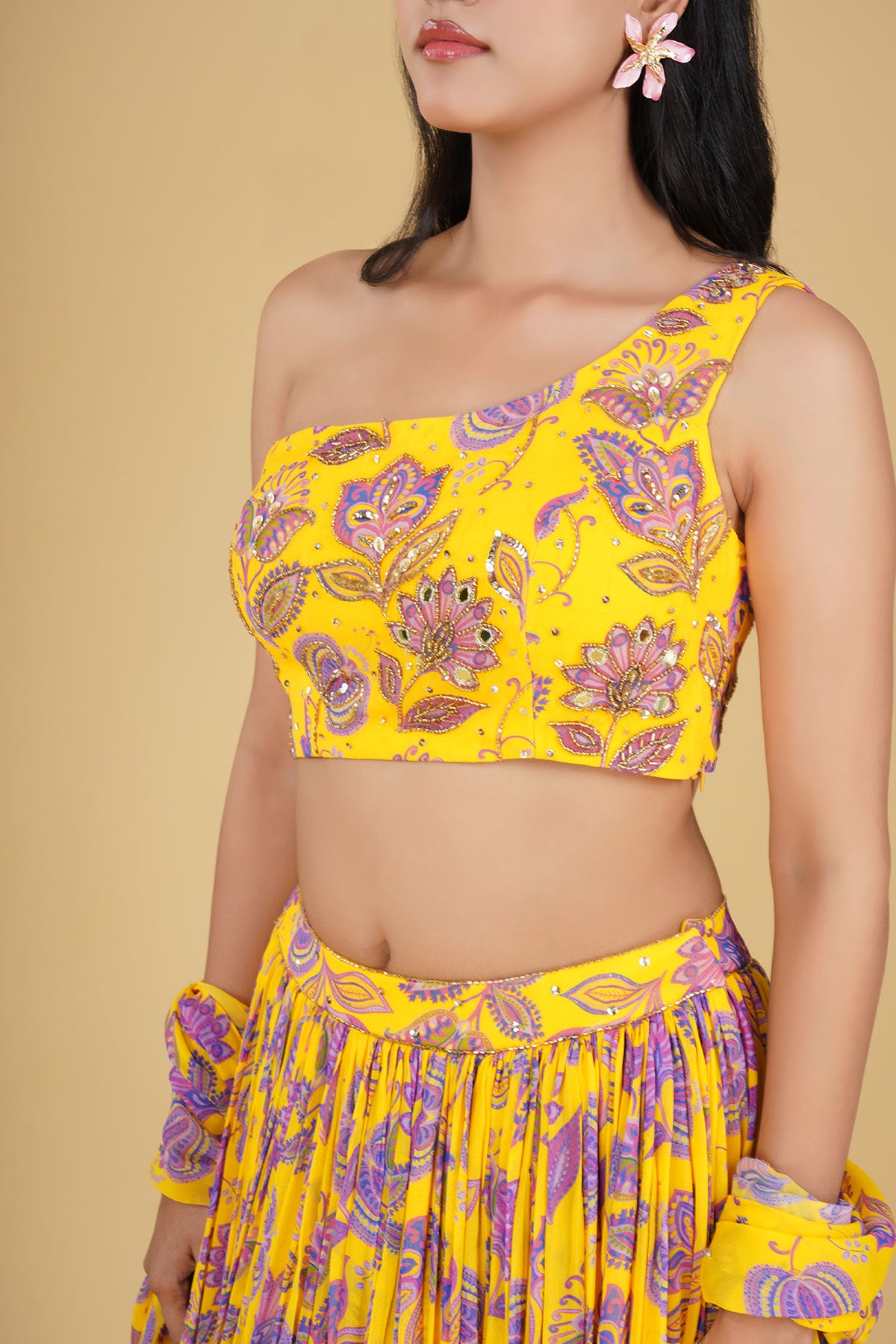 BRIGHT YELLOW JAAL HIGHLIGHTED AND PRINTED LEHENGA SET