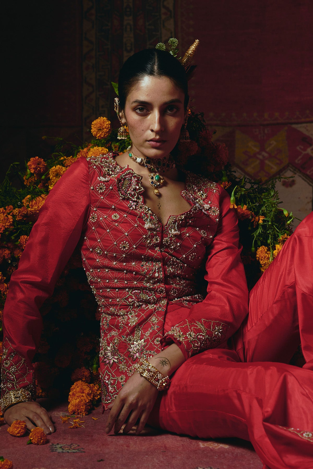 Red Jacket and Sharara Set