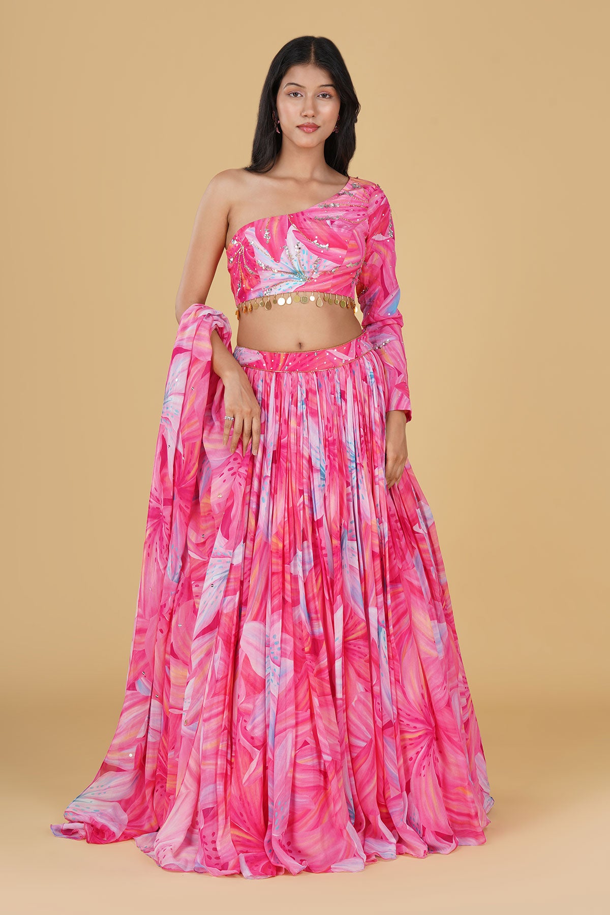 PINK JAAL HIGHLIGHTED AND PRINTED LEHENGA SET
