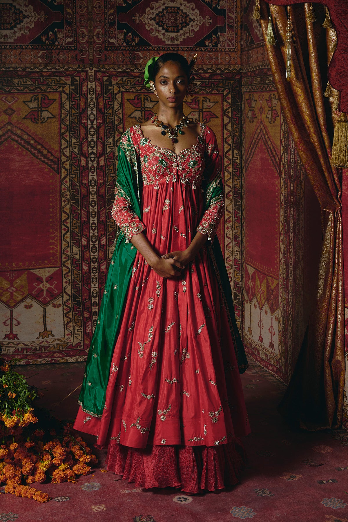 Red Open Jacket Anarkali Set