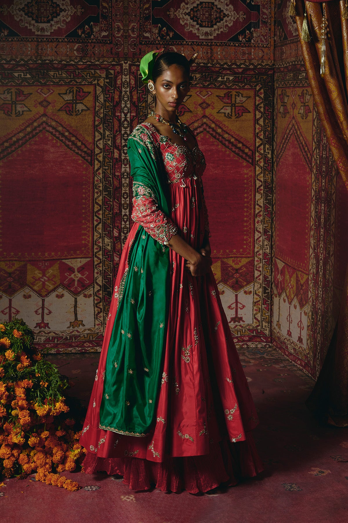 Red Open Jacket Anarkali Set